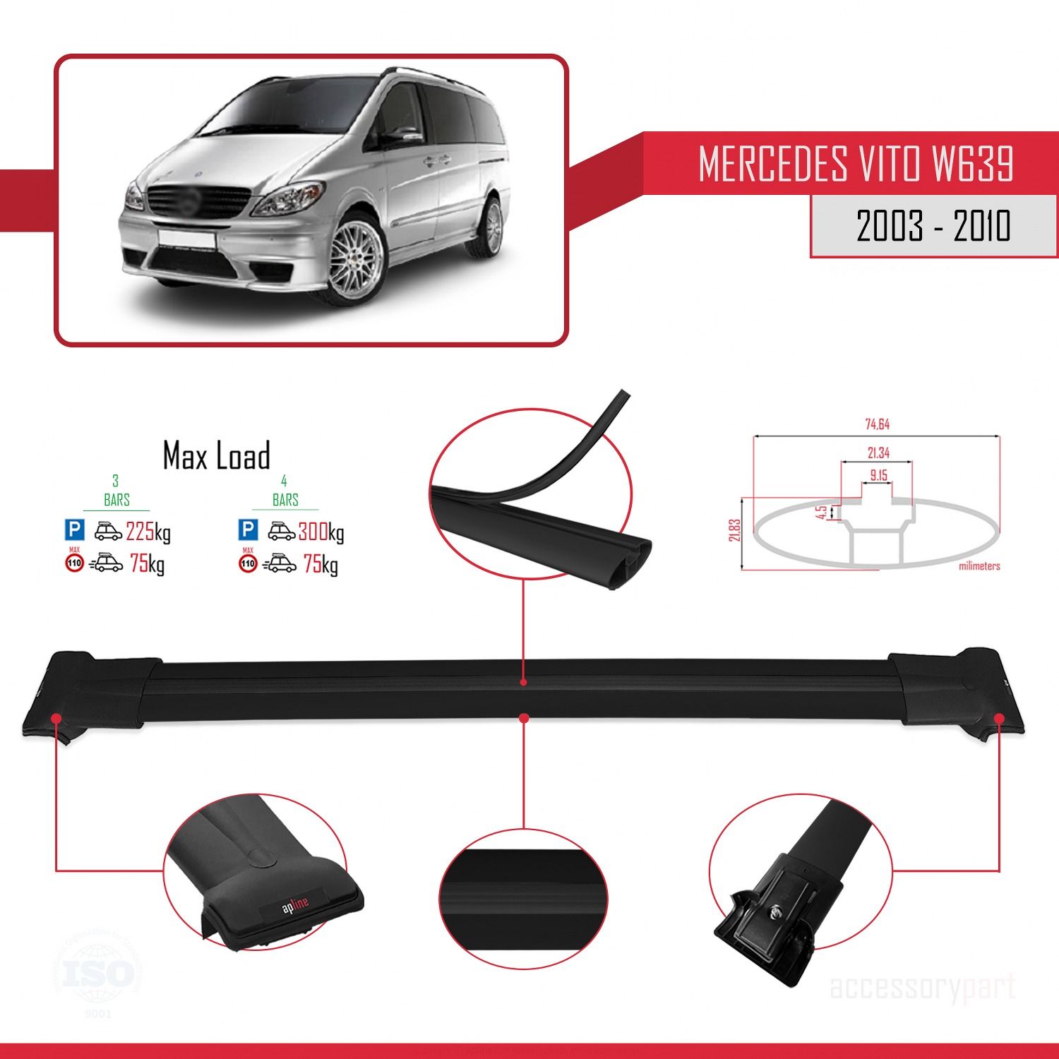Mercedes Vito (W639) 2003-2010 Arası ile uyumlu FLY Model Ara Atkı Tavan Barı SİYAH 3 ADET BAR