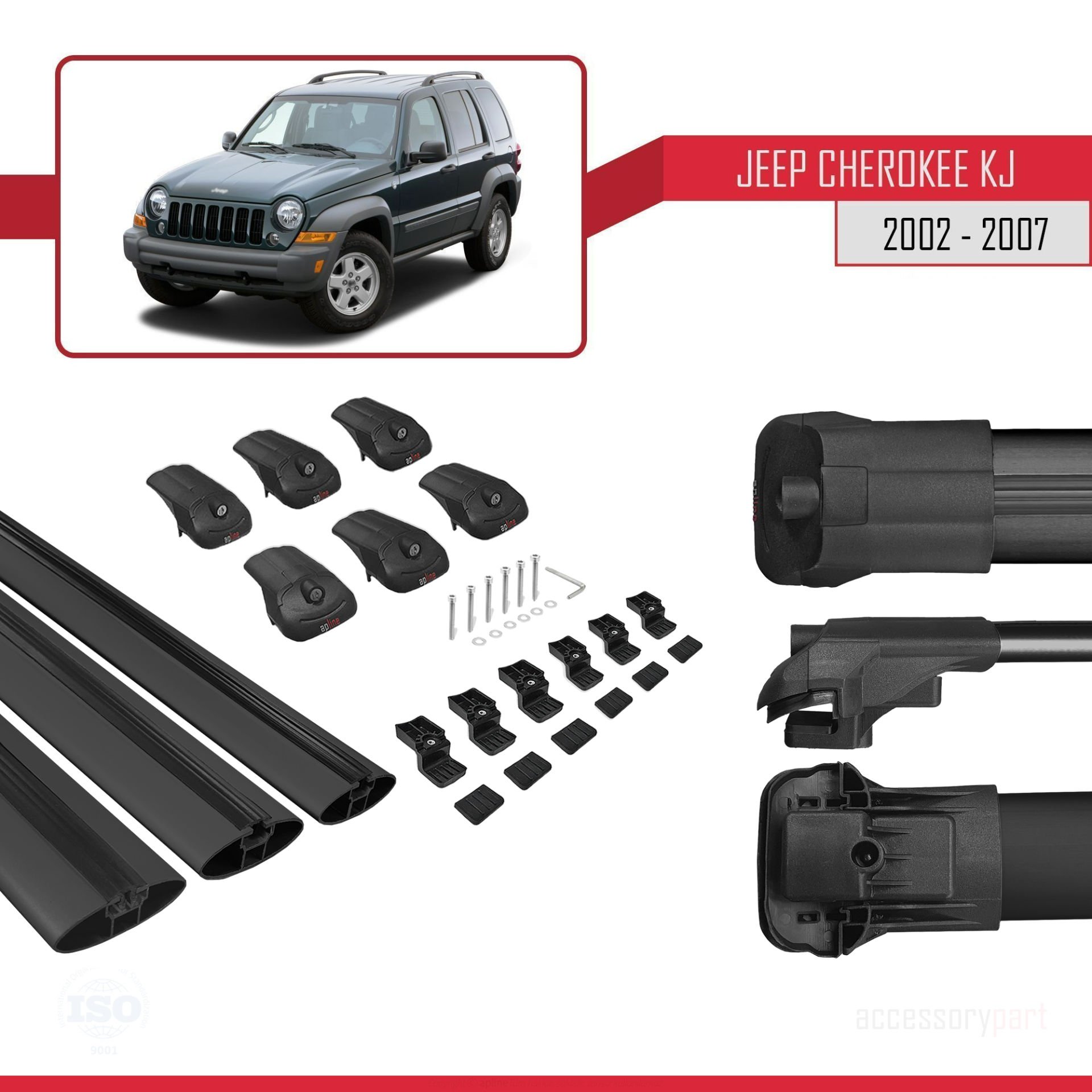 Jeep Cherokee (KJ) 2002-2007 Arası ile uyumlu ACE-1 Ara Atkı Tavan Barı SİYAH 3 ADET BAR