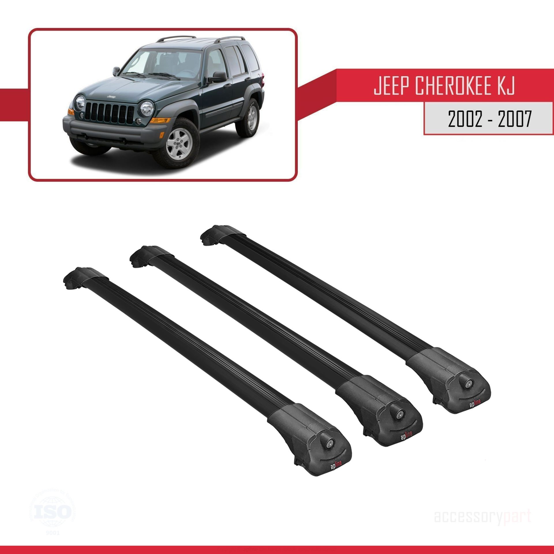 Jeep Cherokee (KJ) 2002-2007 Arası ile uyumlu ACE-1 Ara Atkı Tavan Barı SİYAH 3 ADET BAR