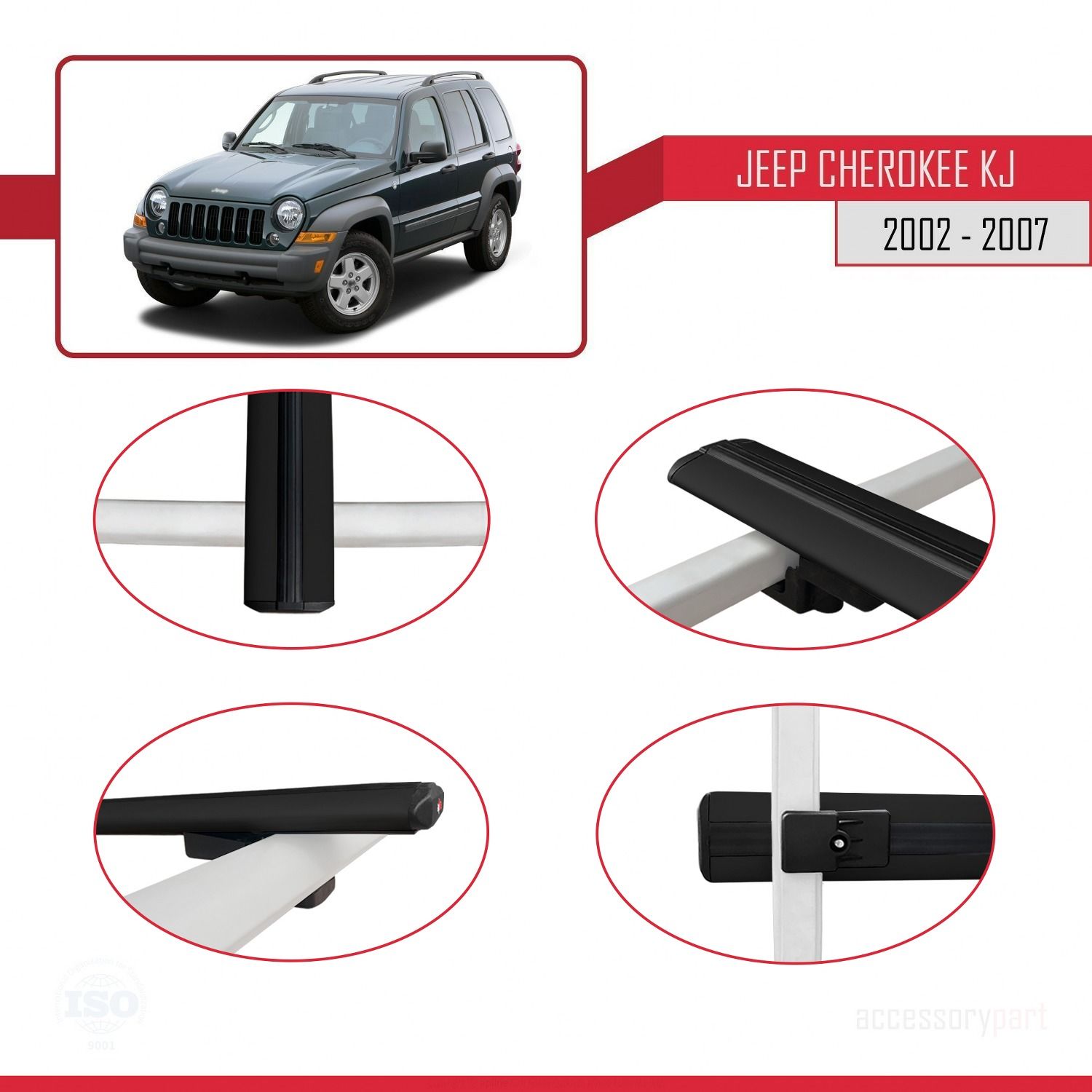 Jeep Cherokee (KJ) 2002-2007 Arası ile uyumlu Basic Model Ara Atkı Tavan Barı SİYAH 3 ADET