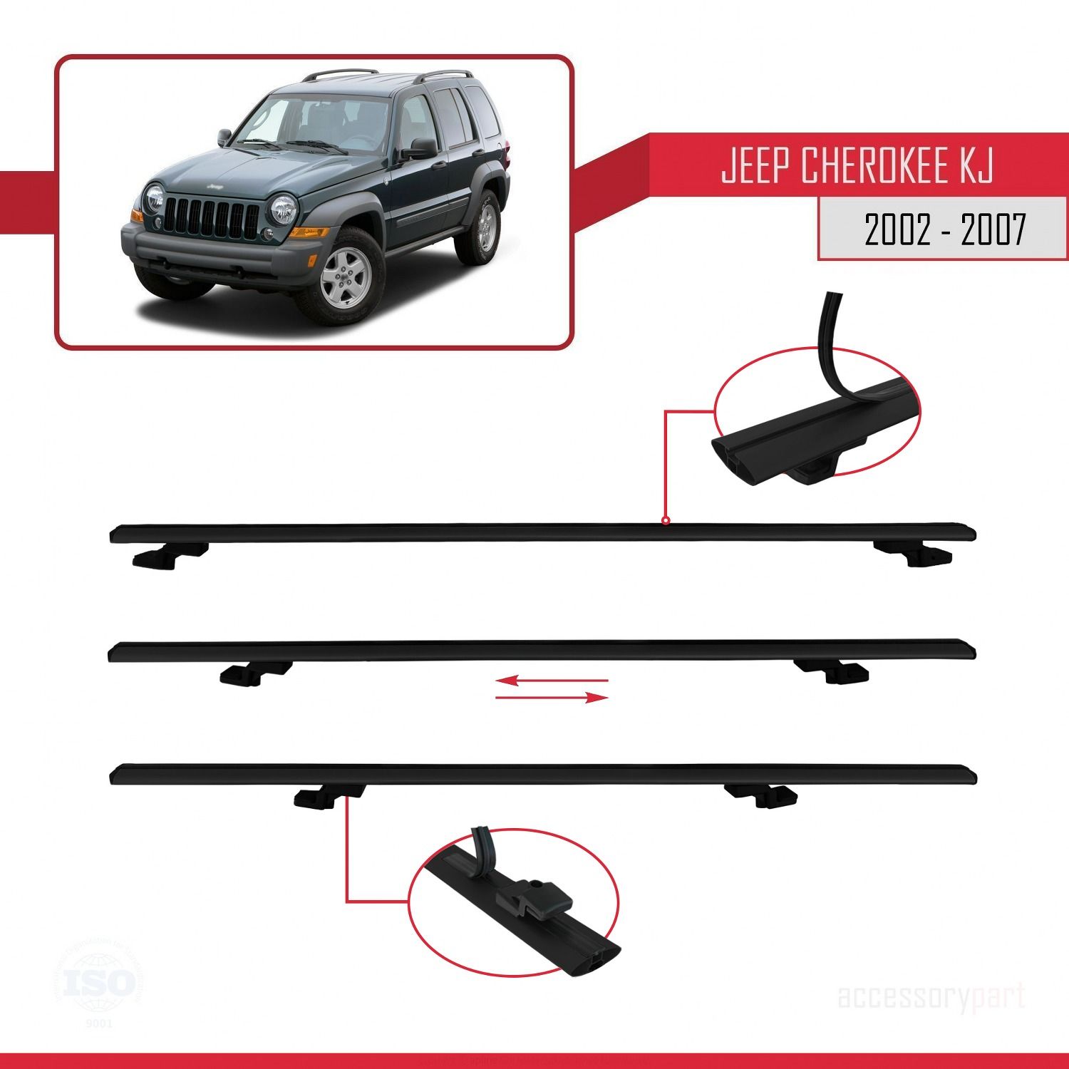 Jeep Cherokee (KJ) 2002-2007 Arası ile uyumlu Basic Model Ara Atkı Tavan Barı SİYAH 3 ADET