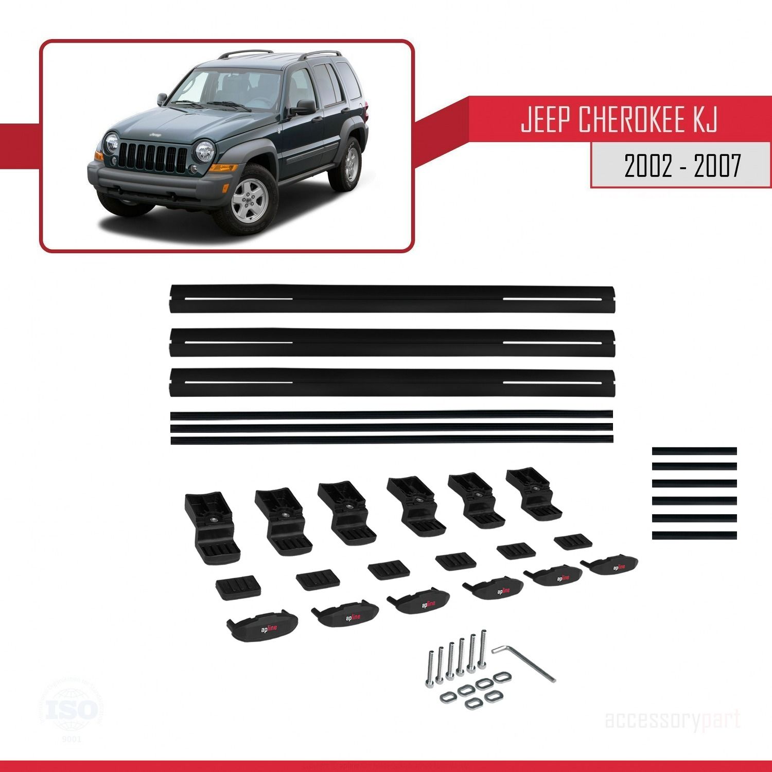 Jeep Cherokee (KJ) 2002-2007 Arası ile uyumlu Basic Model Ara Atkı Tavan Barı SİYAH 3 ADET