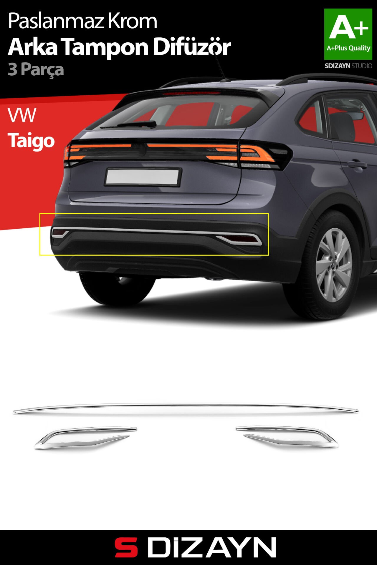 S-Dizayn VW Taigo Krom Arka Tampon Difüzör Çıtası 3 Prç. 2020 Üzeri A+ Kalite