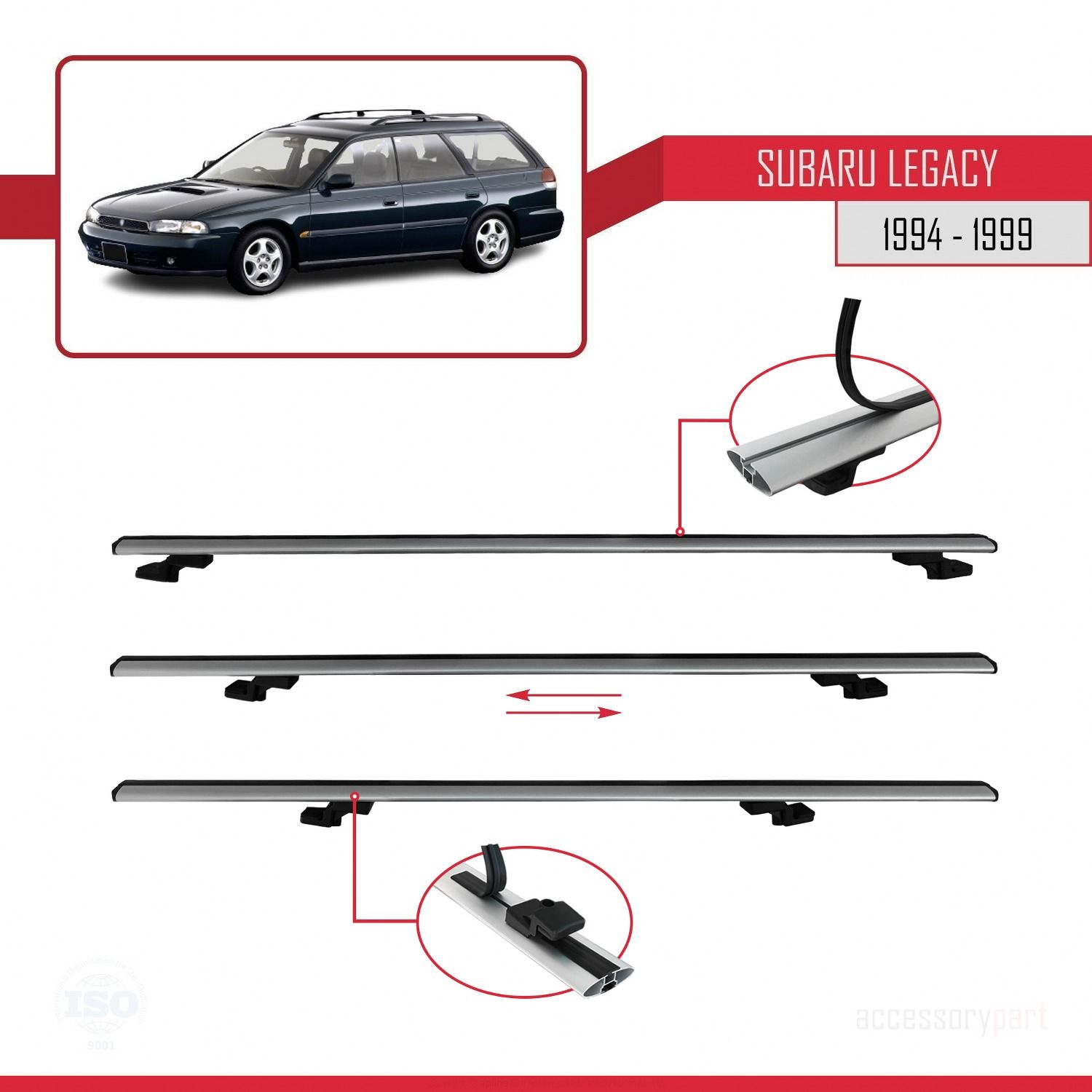 Subaru Legacy 1994-1999 Arası ile uyumlu Basic Model Ara Atkı Tavan Barı GRİ 3 ADET