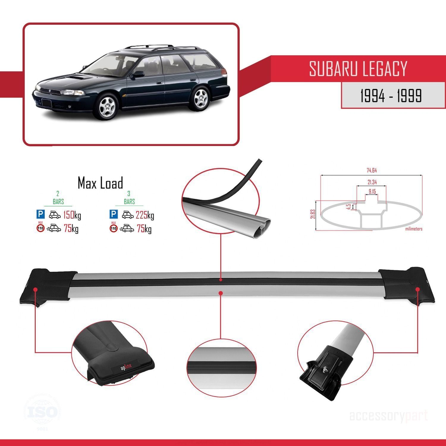 Subaru Legacy 1994-1999 Arası ile uyumlu FLY Model Ara Atkı Tavan Barı GRİ