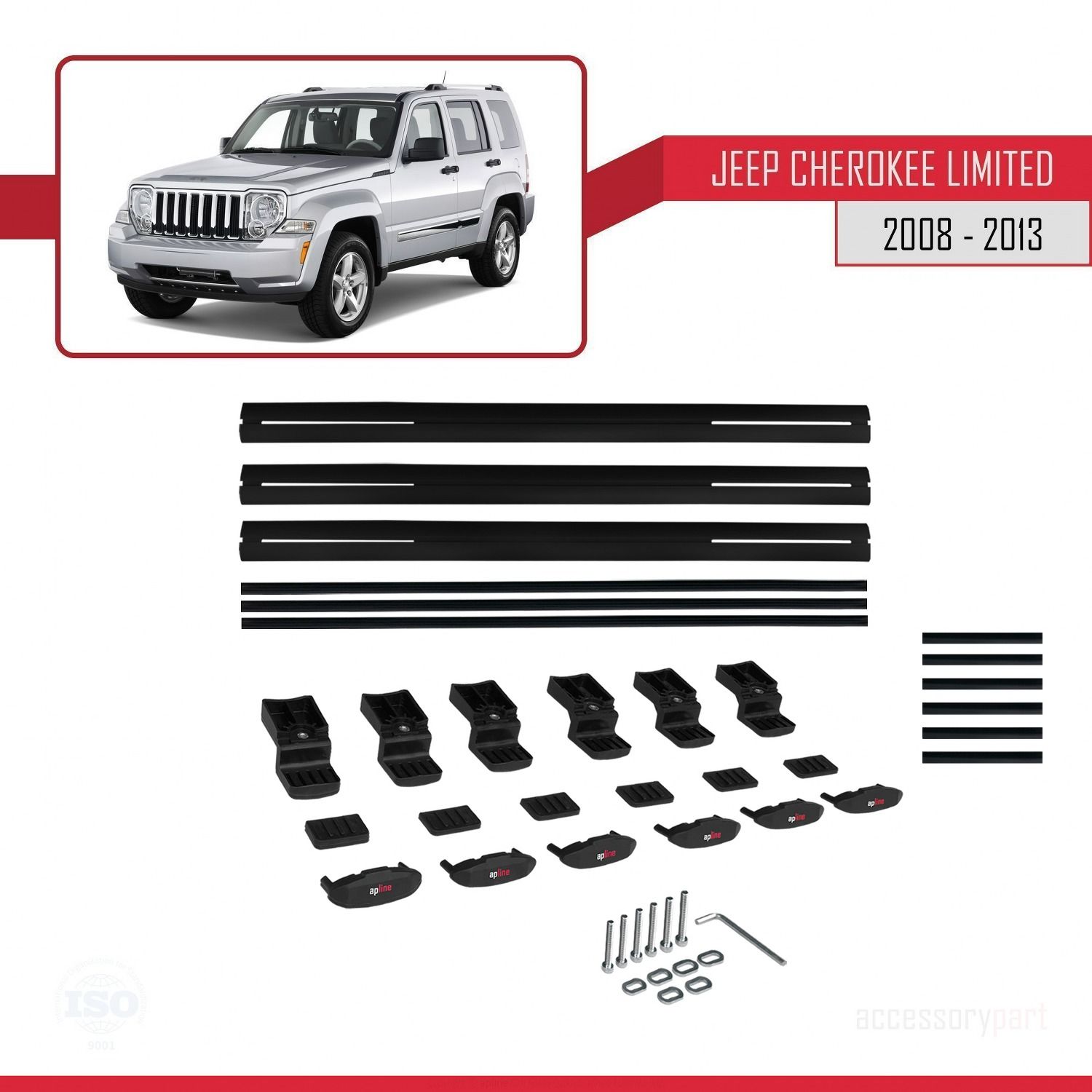 Jeep Cherokee (KK) 2008-2013 Arası ile uyumlu Basic Model Ara Atkı Tavan Barı SİYAH 3 ADET