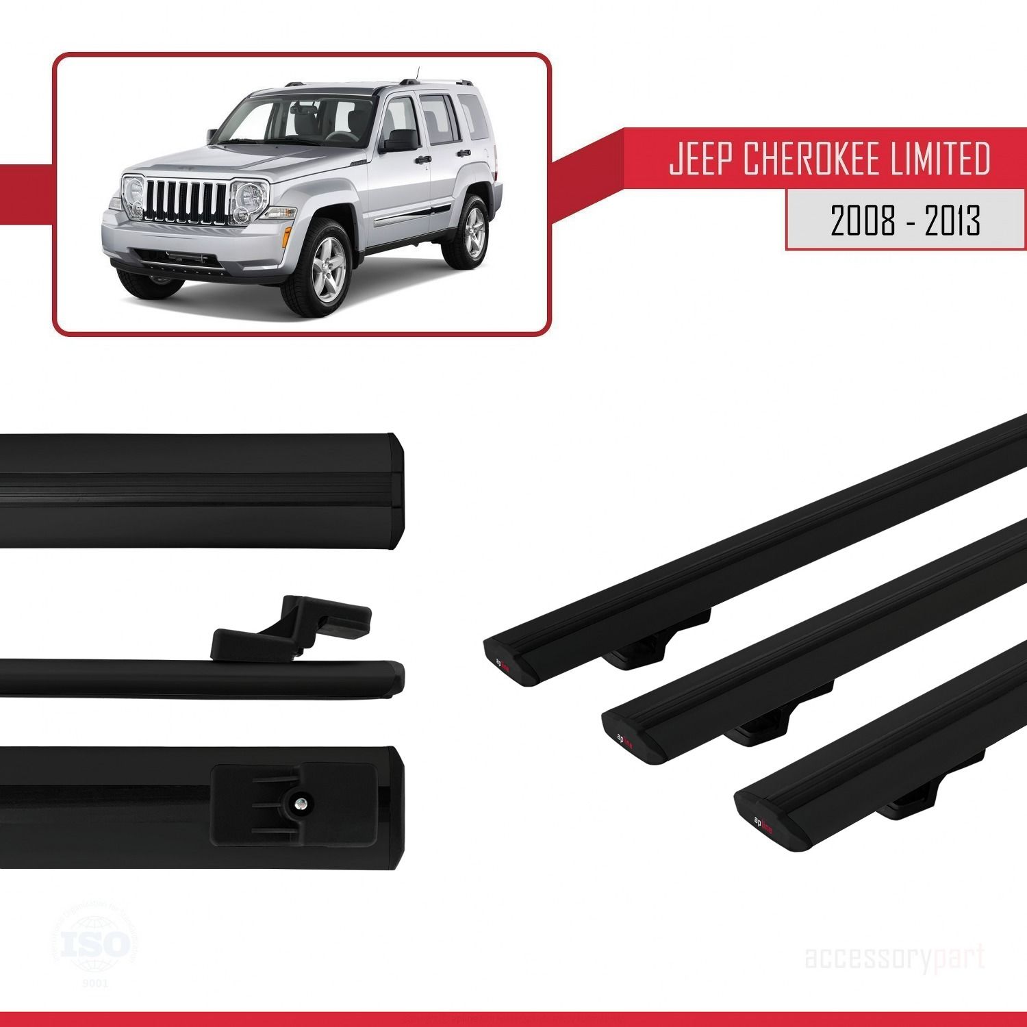 Jeep Cherokee (KK) 2008-2013 Arası ile uyumlu Basic Model Ara Atkı Tavan Barı SİYAH 3 ADET