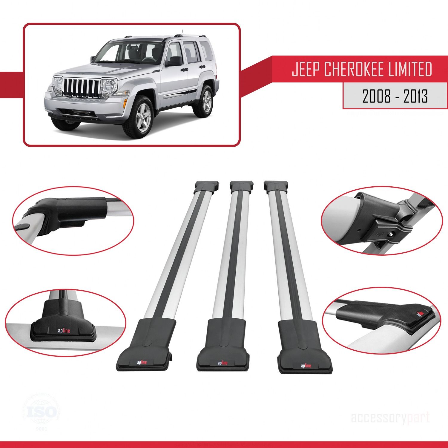 Jeep Cherokee (KK) 2008-2013 Arası ile Uyumlu FLY Model Ara Atkı Tavan Barı GRİ 3 ADET BAR
