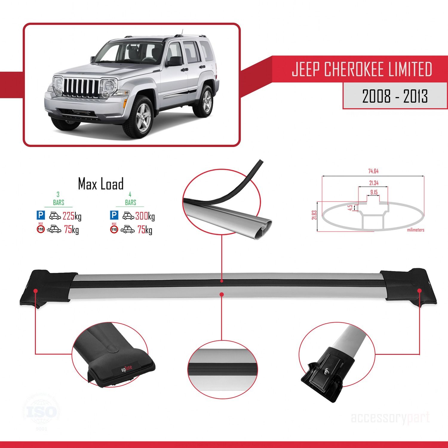 Jeep Cherokee (KK) 2008-2013 Arası ile Uyumlu FLY Model Ara Atkı Tavan Barı GRİ 3 ADET BAR