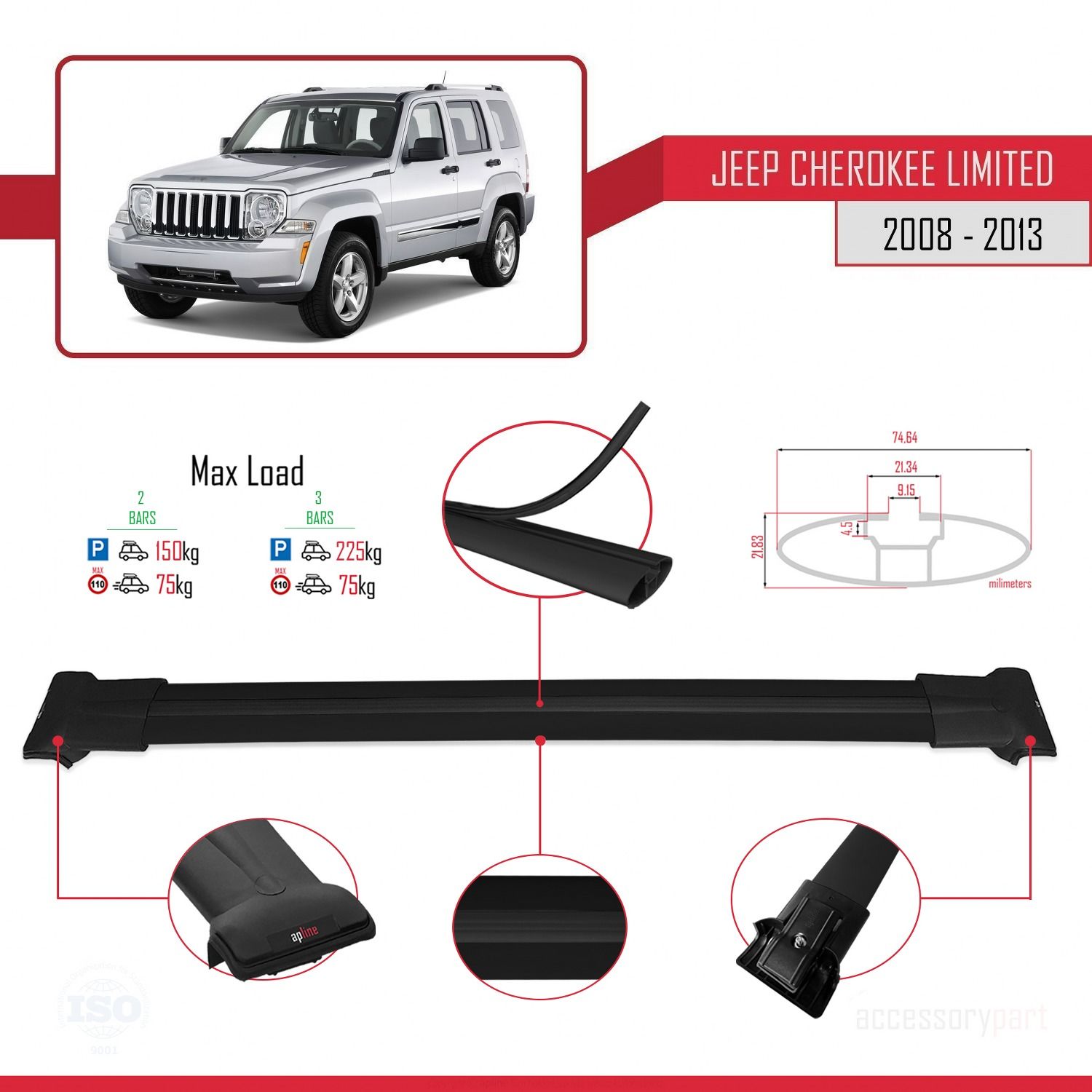 Jeep Cherokee (KK) 2008-2013 Arası ile uyumlu FLY Model Ara Atkı Tavan Barı SİYAH