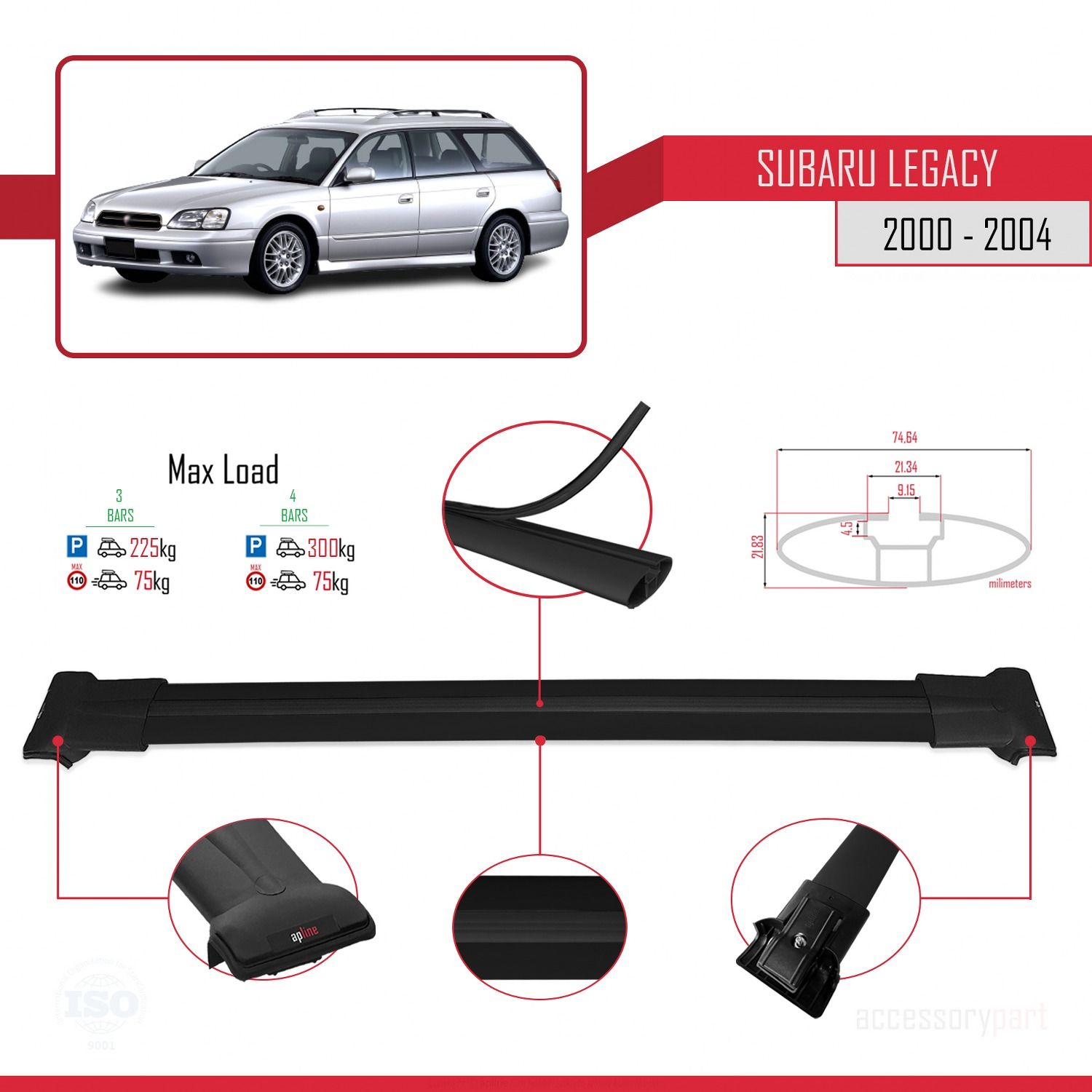 Subaru Legacy 2000-2004 Arası ile uyumlu FLY Model Ara Atkı Tavan Barı SİYAH 3 ADET BAR