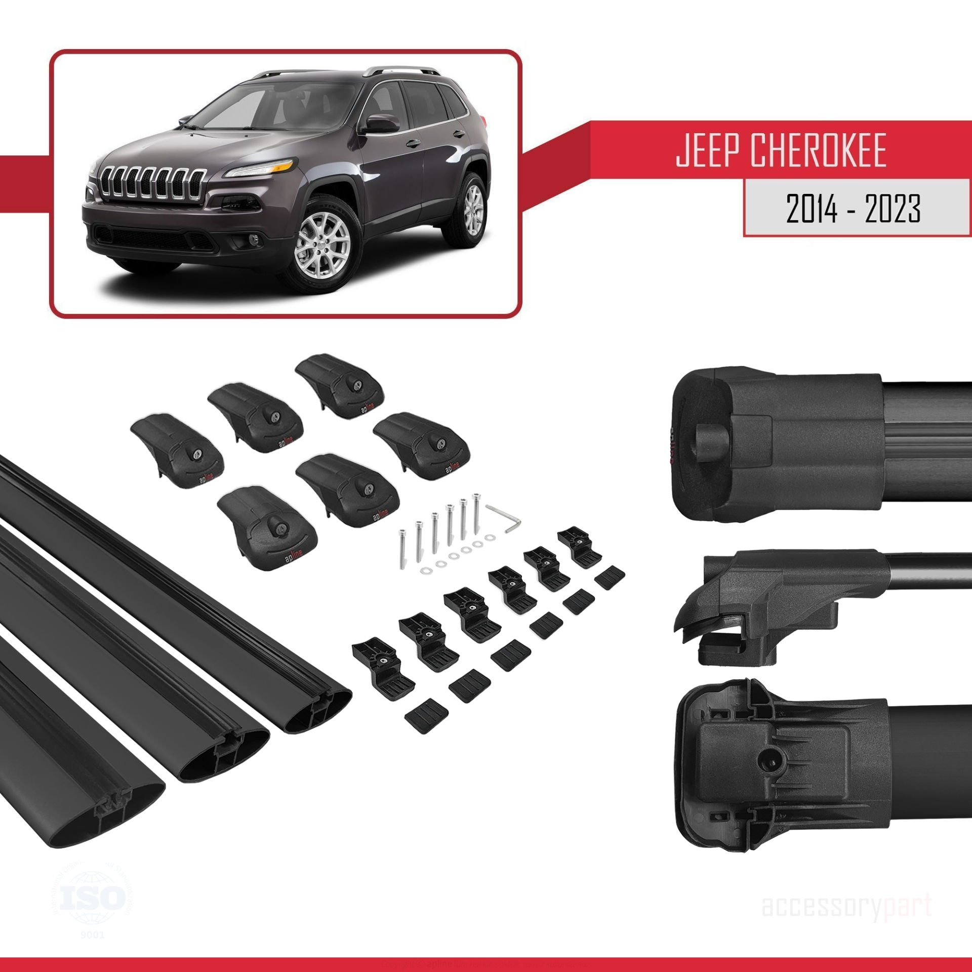 Jeep Cherokee (KL) 2014-2023 Arası ile uyumlu ACE-1 Ara Atkı Tavan Barı SİYAH 3 ADET BAR