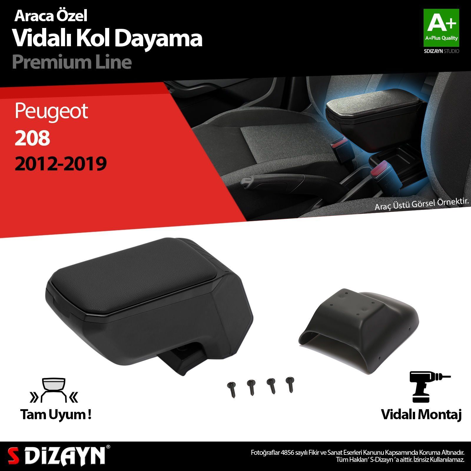 Peugeot 208 Uyumlu ABS Vidalı Kol Dayama Kolçak Siyah 2012-2019 A+Kalite Parça