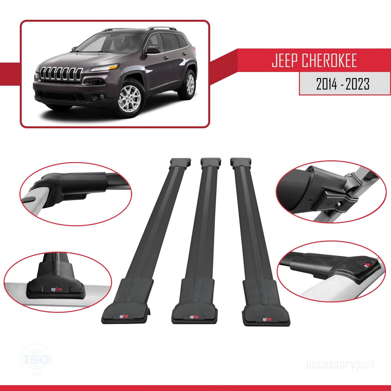 Jeep Cherokee (KL) 2014-2023 Arası ile Uyumlu FLY Model Ara Atkı Tavan Barı SİYAH 3 ADET BAR