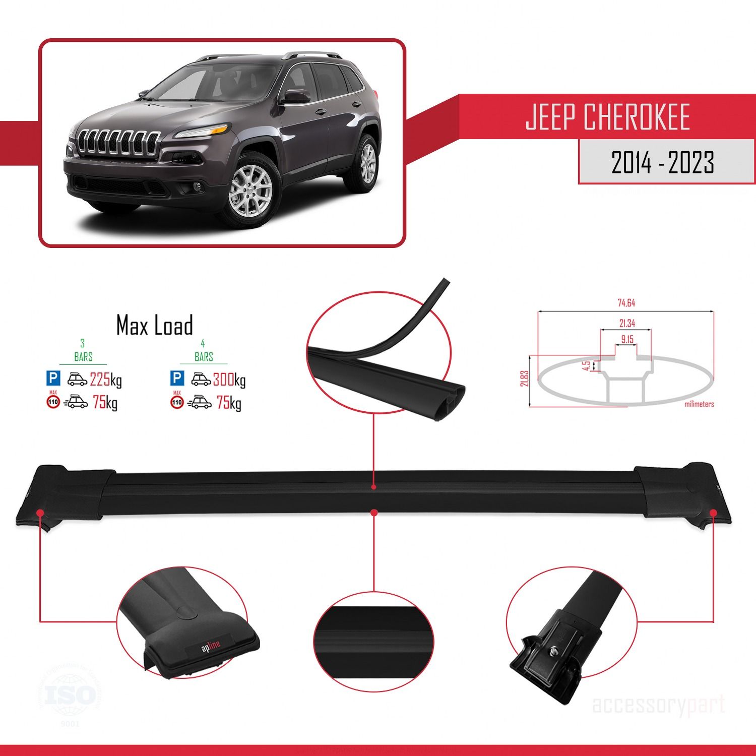 Jeep Cherokee (KL) 2014-2023 Arası ile Uyumlu FLY Model Ara Atkı Tavan Barı SİYAH 3 ADET BAR