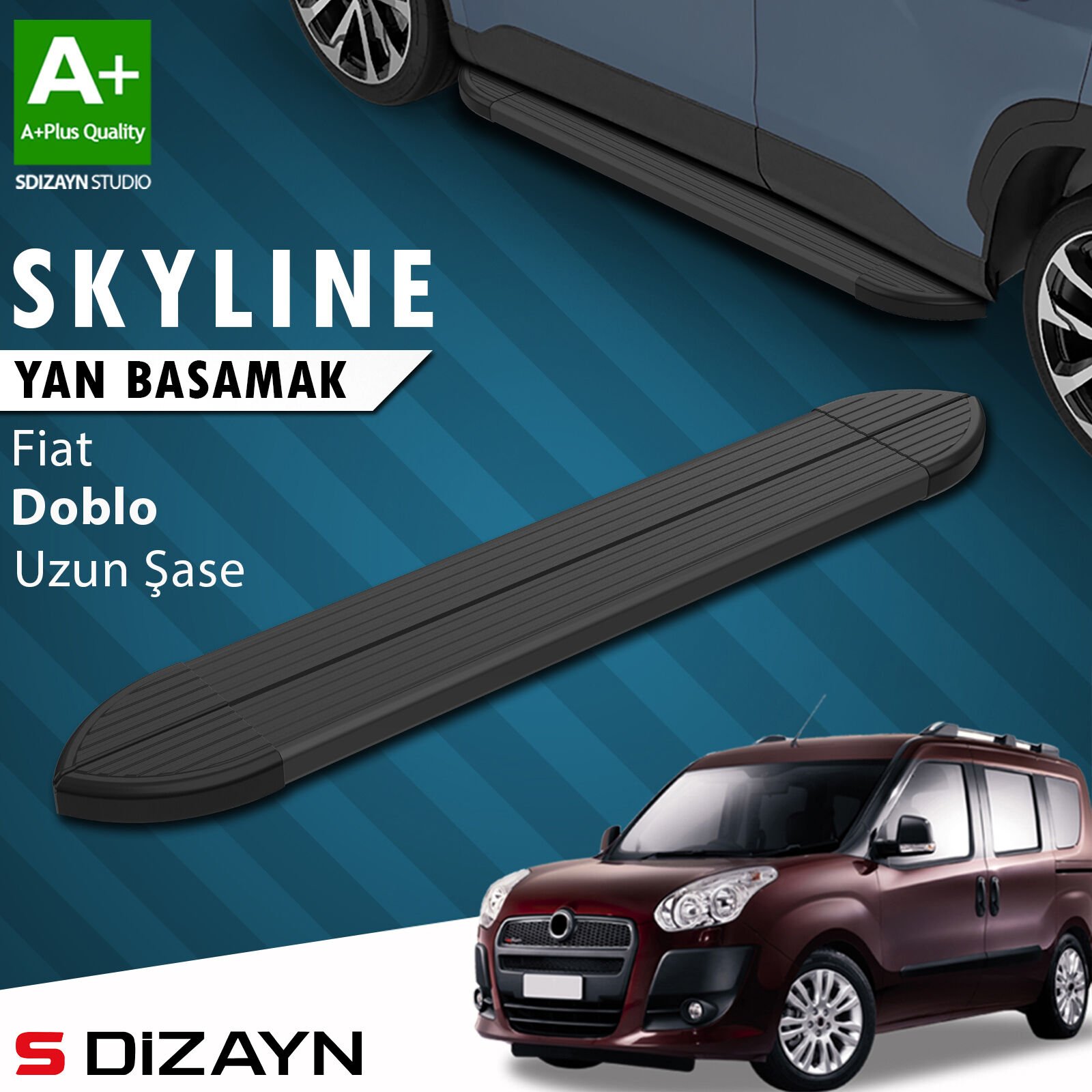 S-Dizayn Fiat Doblo 2 Uzun Şase Skyline Siyah Yan Basamak 223 Cm 2010-2023 A+ Kalite