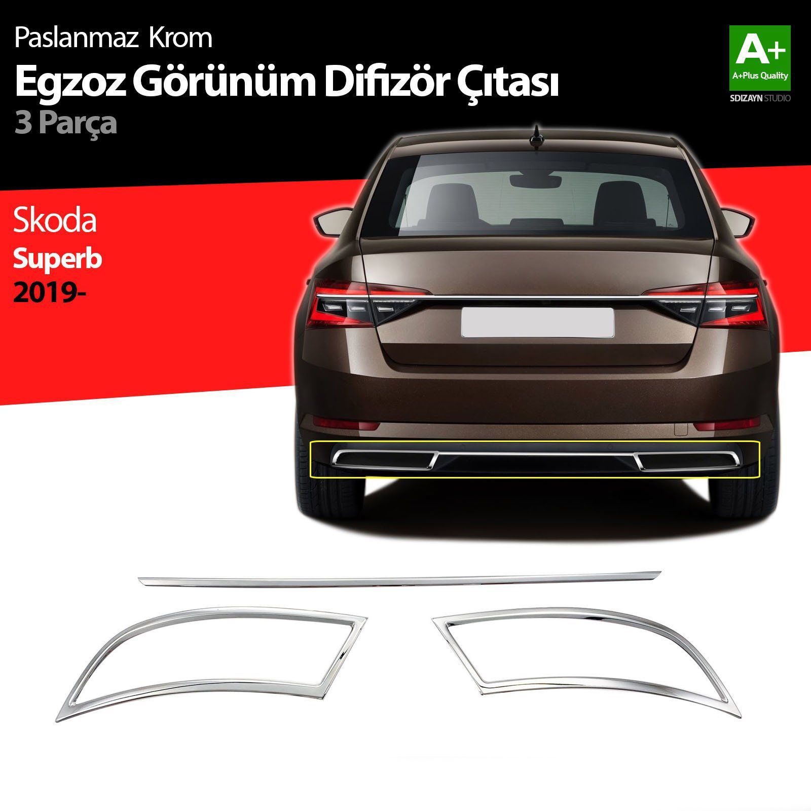 Skoda Superb Uyumlu Krom Egzoz Çıkışı 3 Parça Set 2020 Ve Üzeri