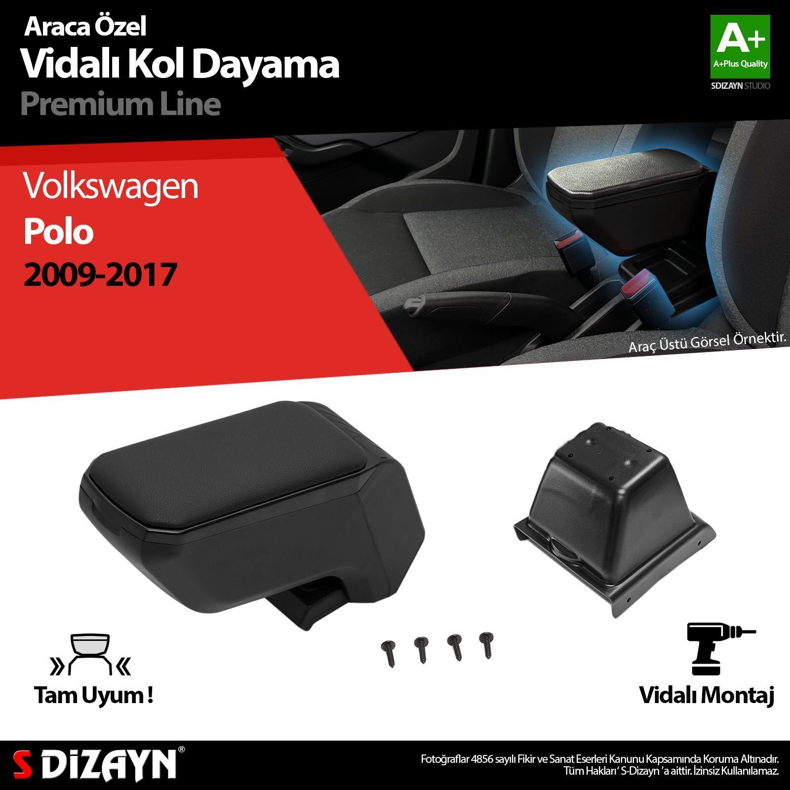 Volkswagen Polo Uyumlu 5 ABS Vidalı Kol Dayama Kolçak Siyah 2009-2017 A+Kalite Parça
