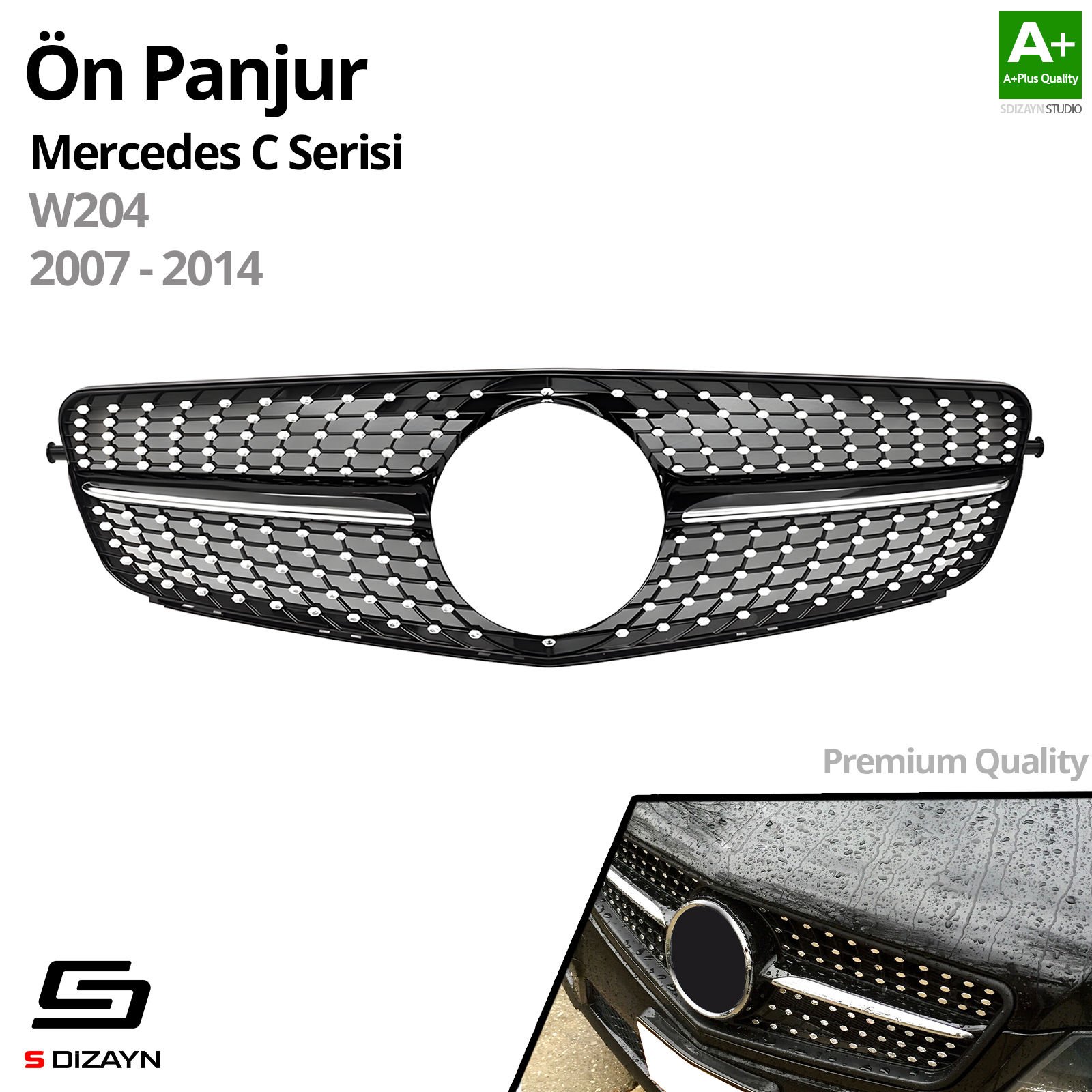 S-Dizayn Mercedes C-Class W204 Ön Panjur Parlak Siyah Piano Black Diamond Model 2007-2014