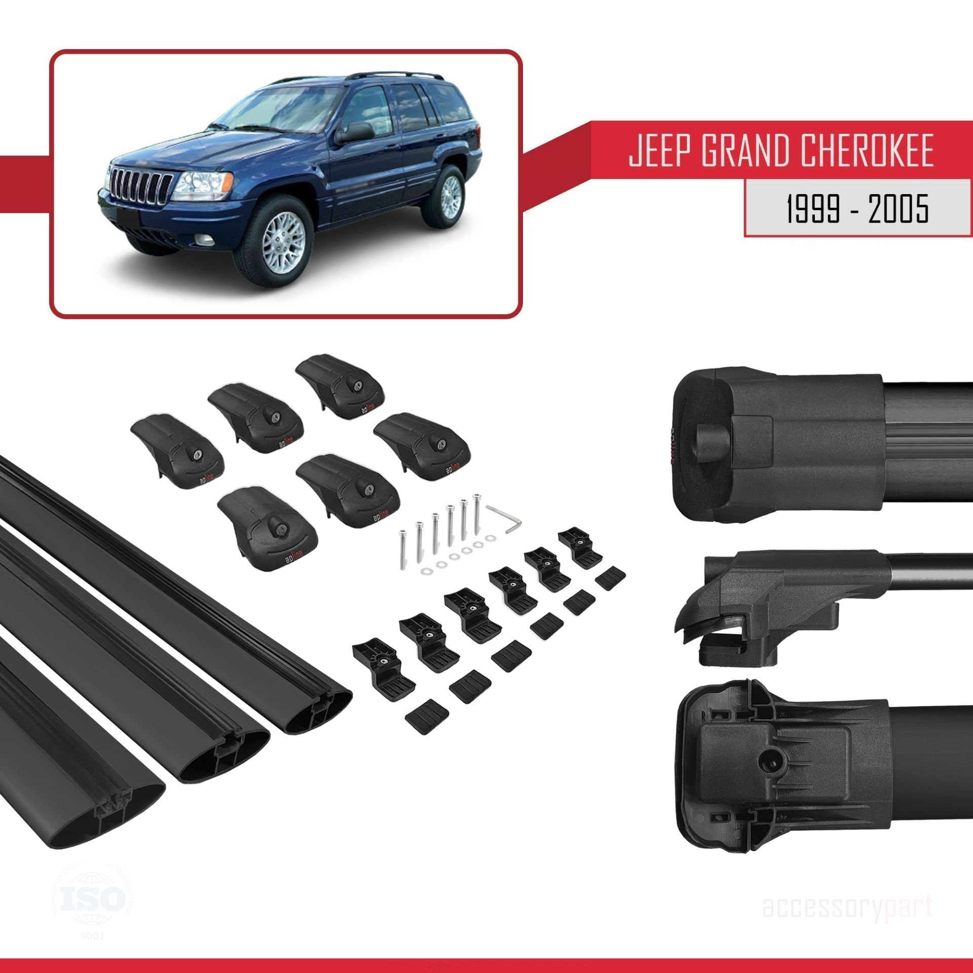 Jeep Grand Cherokee 1999-2005 Arası ile uyumlu ACE-1 Ara Atkı Tavan Barı SİYAH 3 ADET BAR