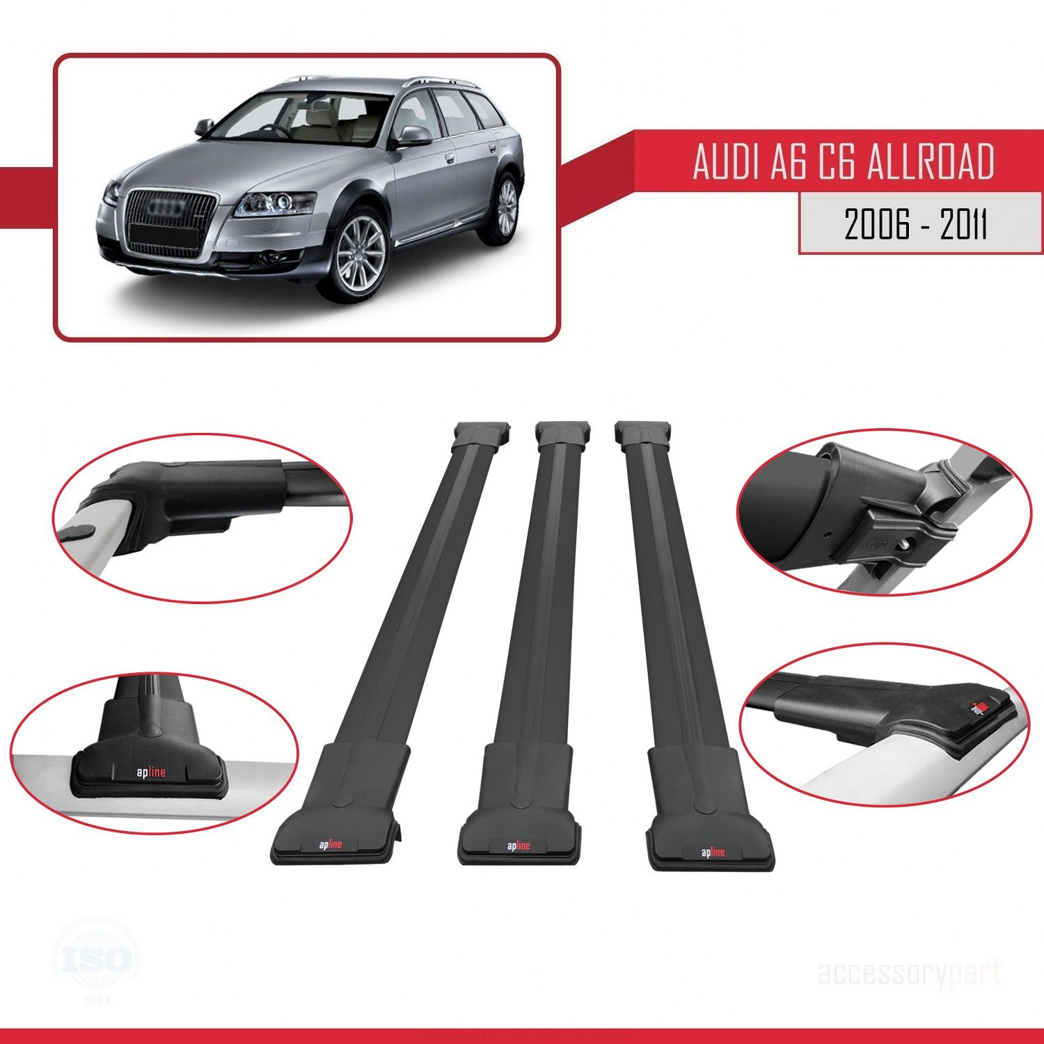 Audi A6 (C6) ALLROAD 2006-2011 Arası ile Uyumlu FLY Model Ara Atkı Tavan Barı SİYAH 3 ADET BAR