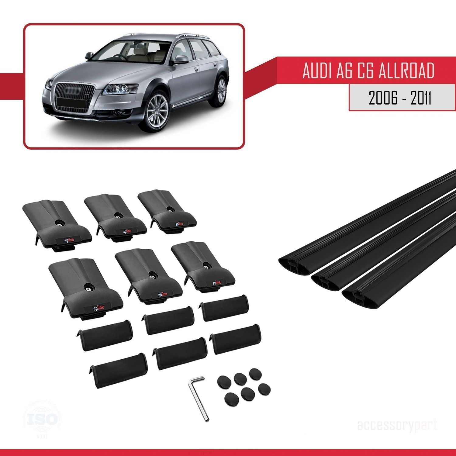 Audi A6 (C6) ALLROAD 2006-2011 Arası ile Uyumlu FLY Model Ara Atkı Tavan Barı SİYAH 3 ADET BAR