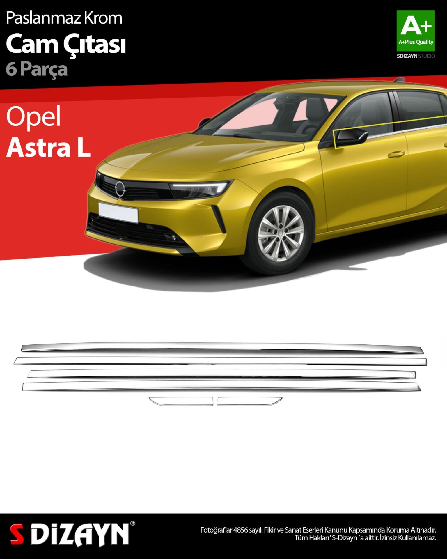S-Dizayn Opel Astra L Krom Cam Çıtası 6 Prç 2022 Üzeri
