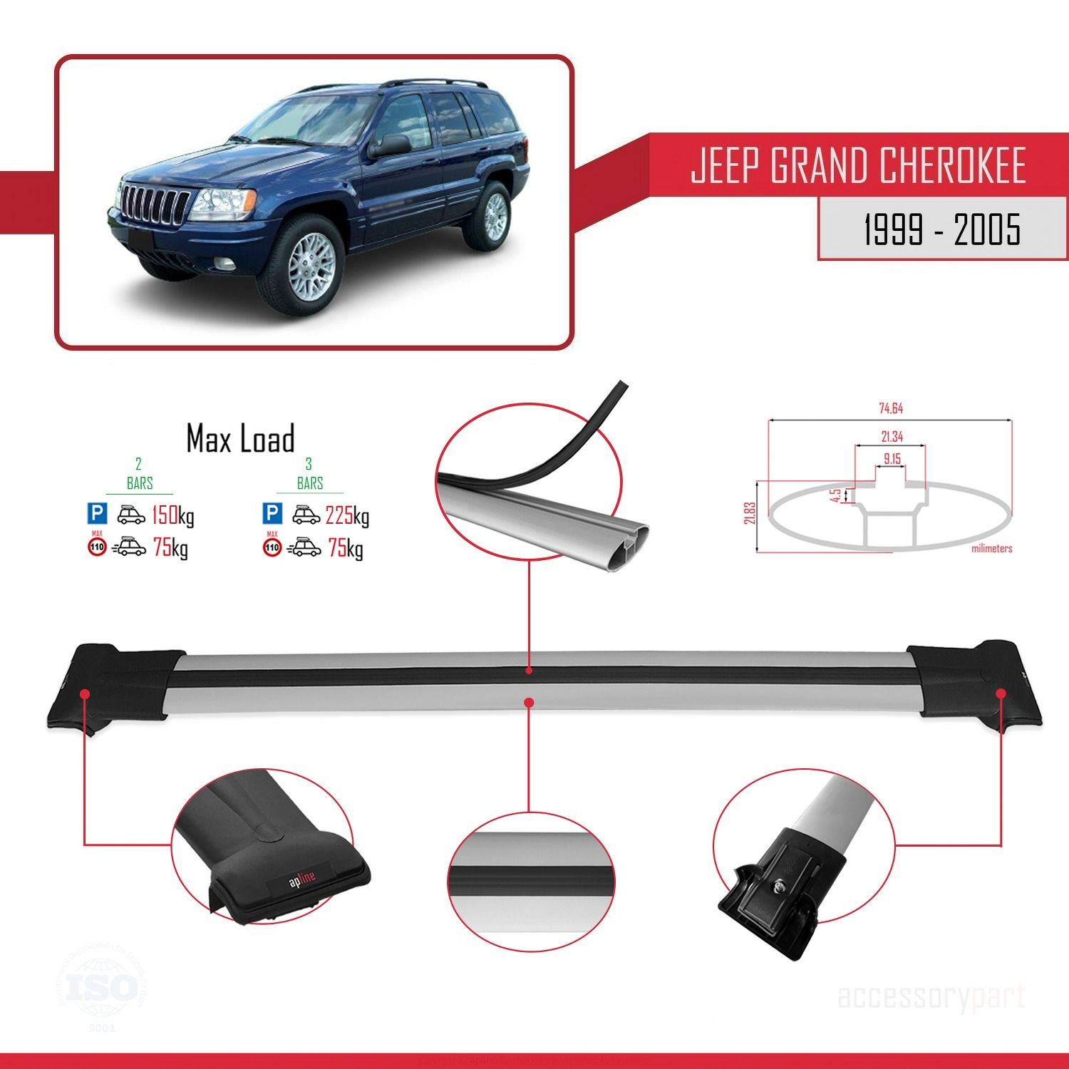 Jeep Grand Cherokee 1999-2005 Arası ile uyumlu FLY Model Ara Atkı Tavan Barı GRİ