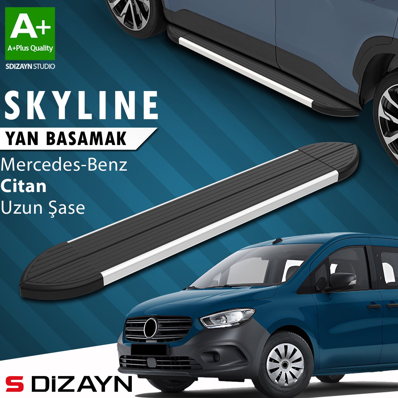 S-Dizayn Mercedes Citan Uzun Şase Skyline Aluminyum Yan Basamak 223 Cm 2012-2021 A+ Kalite