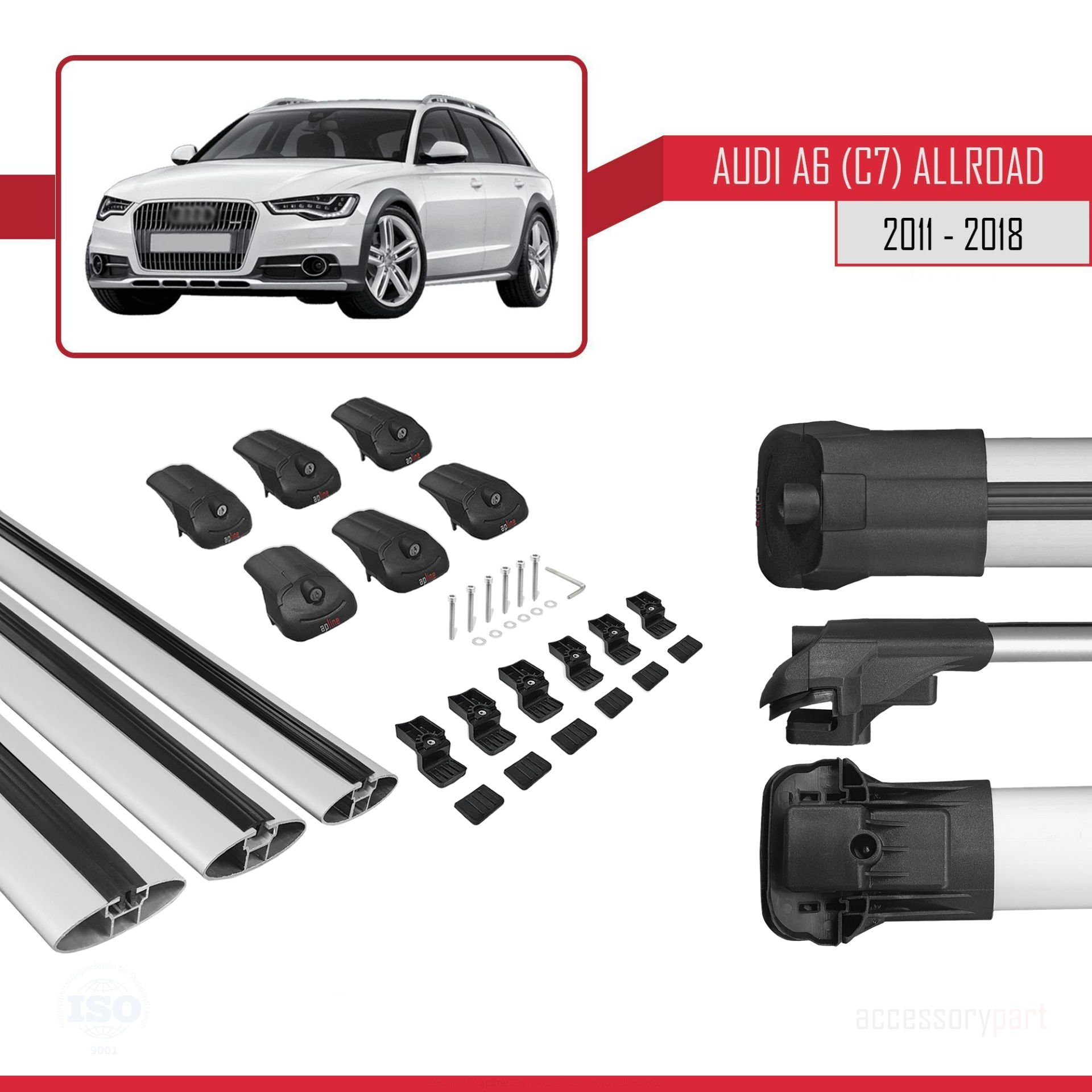Audi A6 (C7) Allroad 2011-2018 Arası ile uyumlu ACE-1 Ara Atkı Tavan Barı GRİ 3 ADET BAR