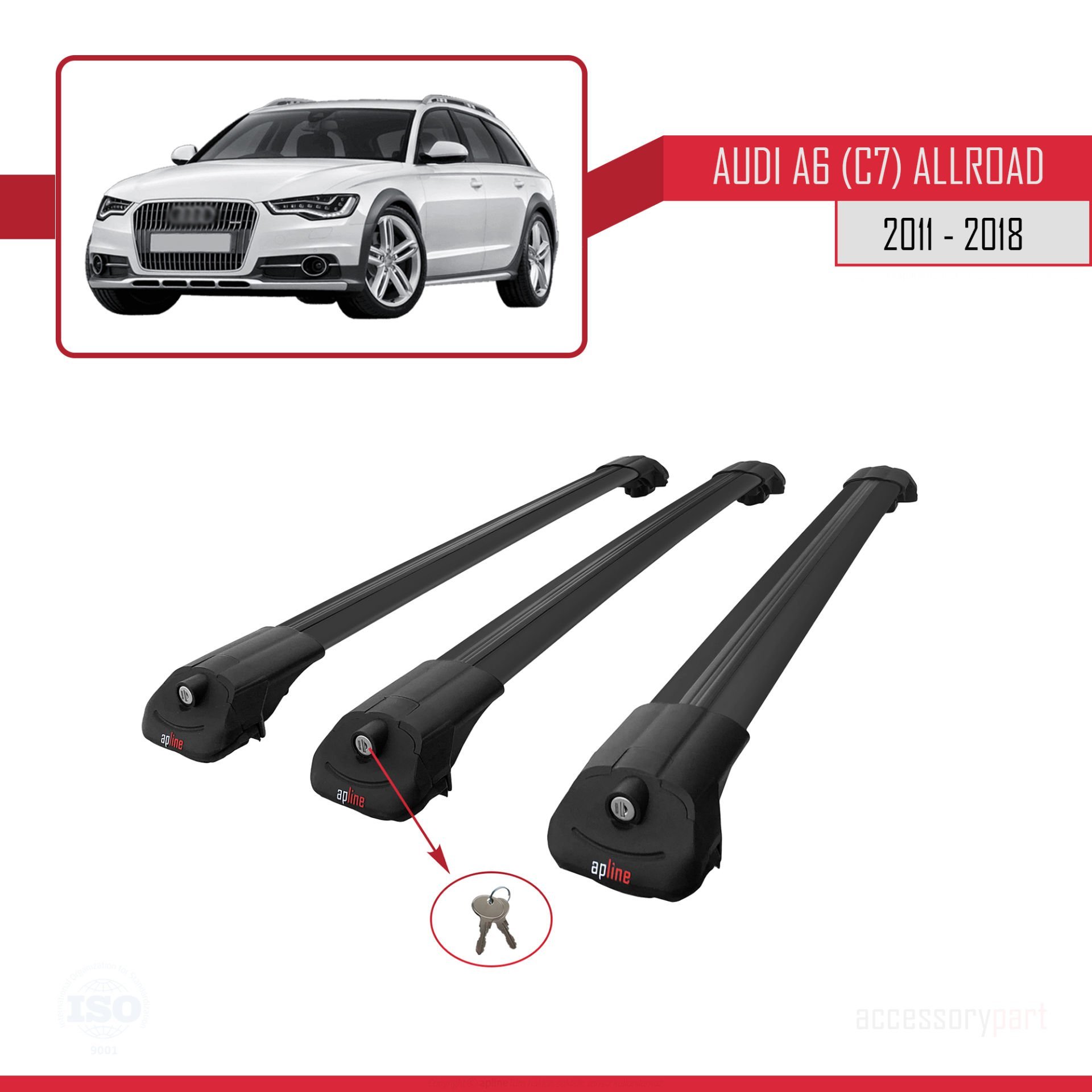 Audi A6 (C7) Allroad 2011-2018 Arası ile uyumlu ACE-1 Ara Atkı Tavan Barı SİYAH 3 ADET BAR