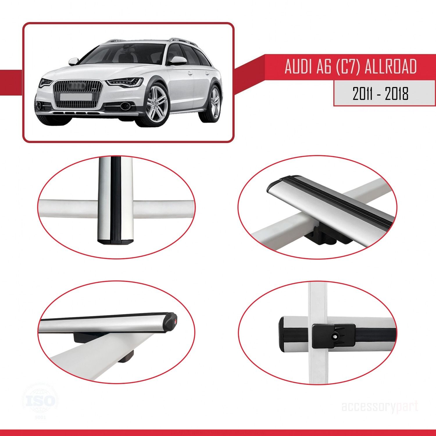 Audi A6 (C7) Allroad 2011-2018 Arası ile uyumlu Basic Model Ara Atkı Tavan Barı GRİ 3 ADET