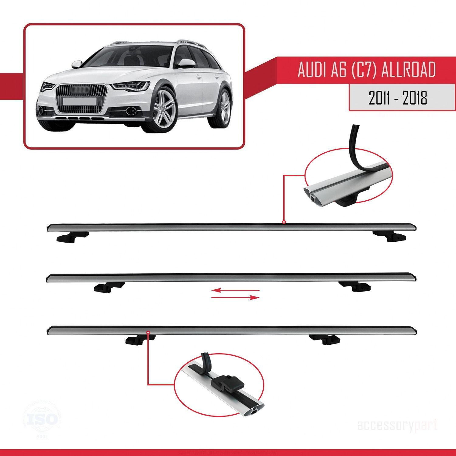 Audi A6 (C7) Allroad 2011-2018 Arası ile uyumlu Basic Model Ara Atkı Tavan Barı GRİ 3 ADET