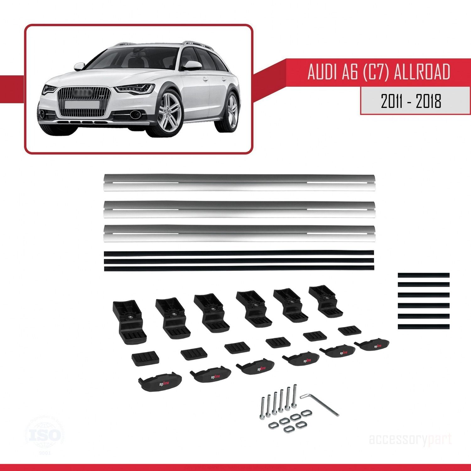 Audi A6 (C7) Allroad 2011-2018 Arası ile uyumlu Basic Model Ara Atkı Tavan Barı GRİ 3 ADET