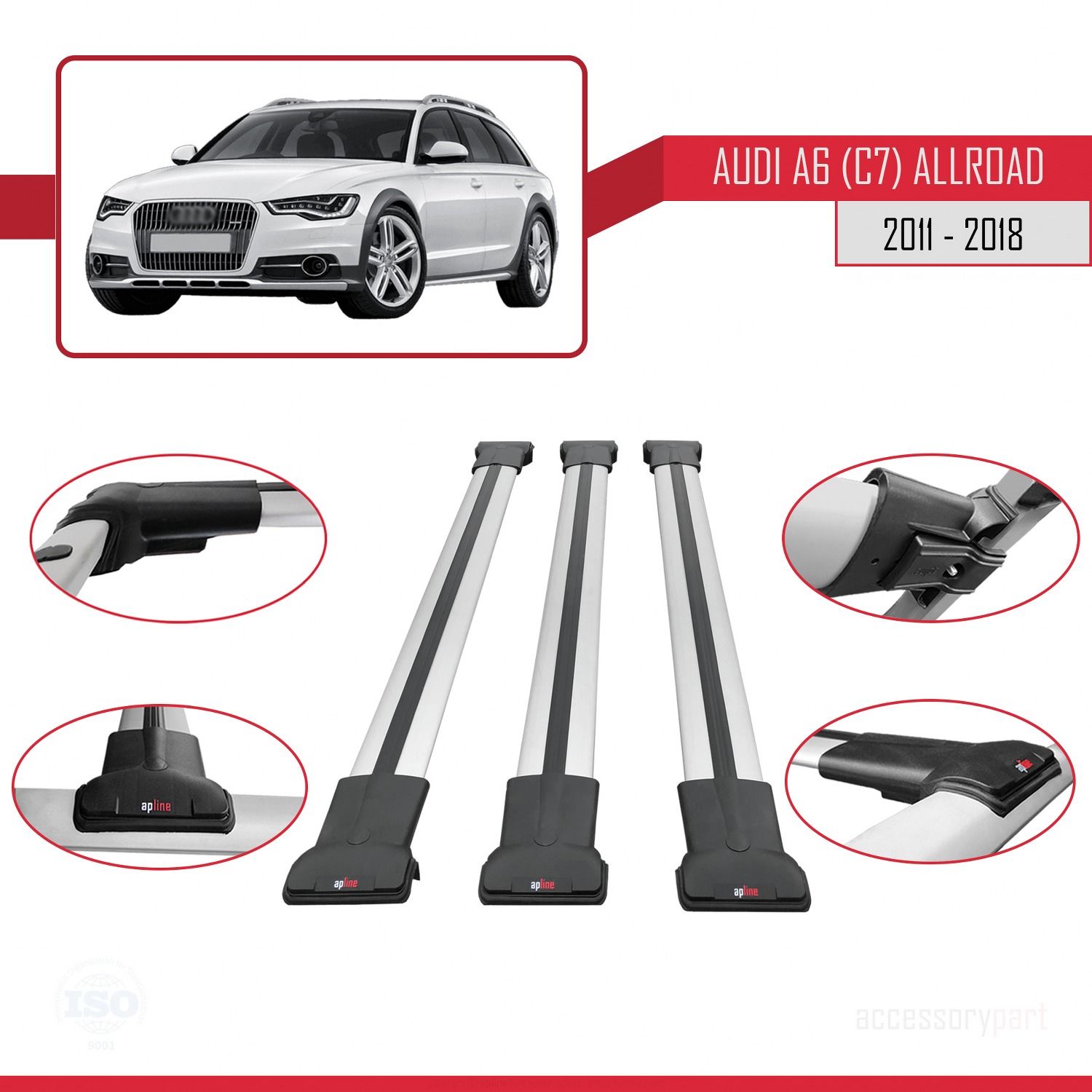 Audi A6 (C7) Allroad 2011-2018 Arası ile uyumlu FLY Model Ara Atkı Tavan Barı GRİ 3 ADET BAR
