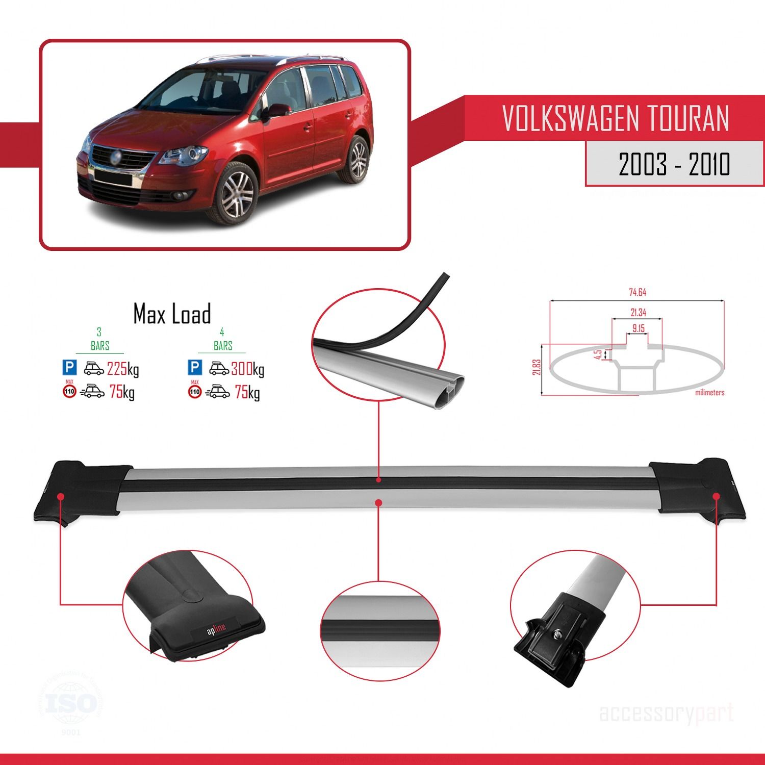 Volkswagen Touran 2003-2010 Arası ile Uyumlu FLY Model Ara Atkı Tavan Barı GRİ 3 ADET BAR