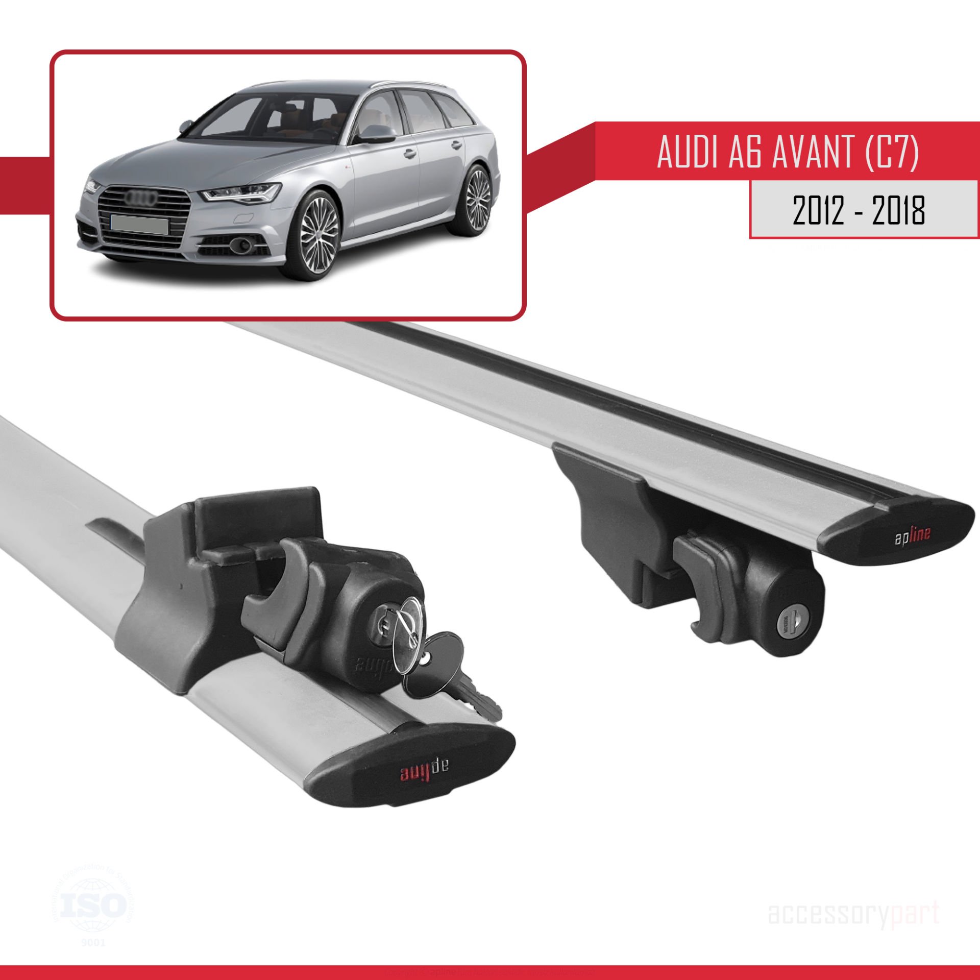 Audi A6 (C7) Avant 2012-2018 Arası ile uyumlu HOOK Model Anahtar Kilitli Ara Atkı Tavan Barı GRİ