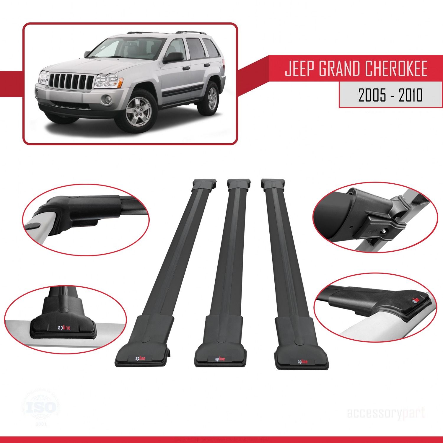 Jeep Grand Cherokee 2005-2010 Arası ile Uyumlu FLY Model Ara Atkı Tavan Barı SİYAH 3 ADET BAR