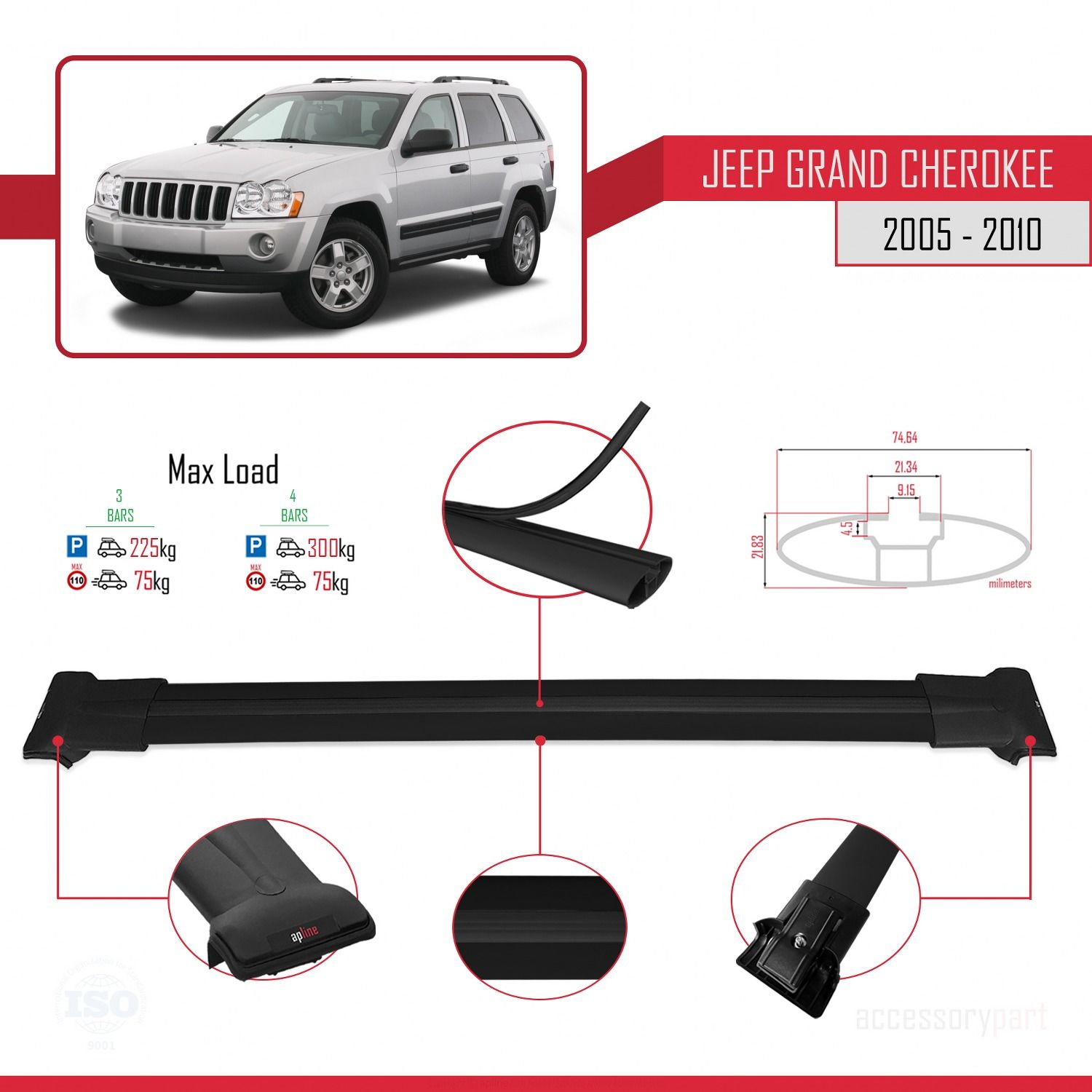 Jeep Grand Cherokee 2005-2010 Arası ile Uyumlu FLY Model Ara Atkı Tavan Barı SİYAH 3 ADET BAR