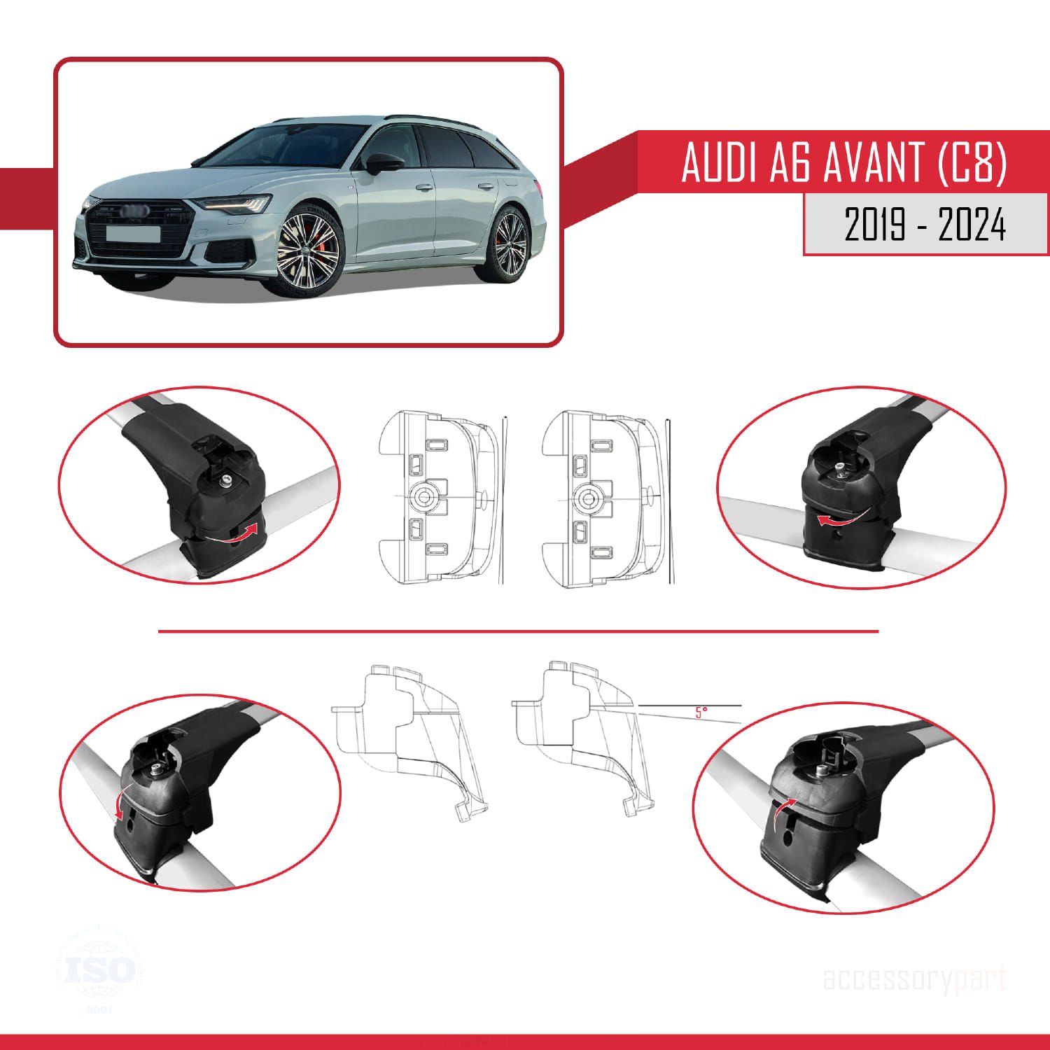 Audi A6 Avant (C8) 2019 ve Sonrası ile uyumlu ACE-2 Ara Atkı Tavan Barı GRİ