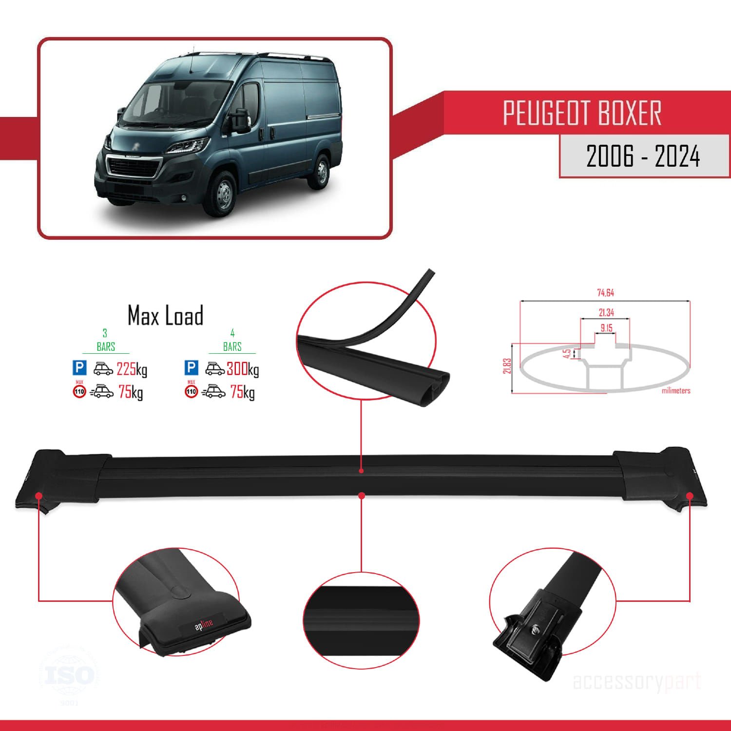 Peugeot Boxer 2006 ve Sonrası ile uyumlu FLY Model Ara Atkı Tavan Barı SİYAH 4 ADET BAR