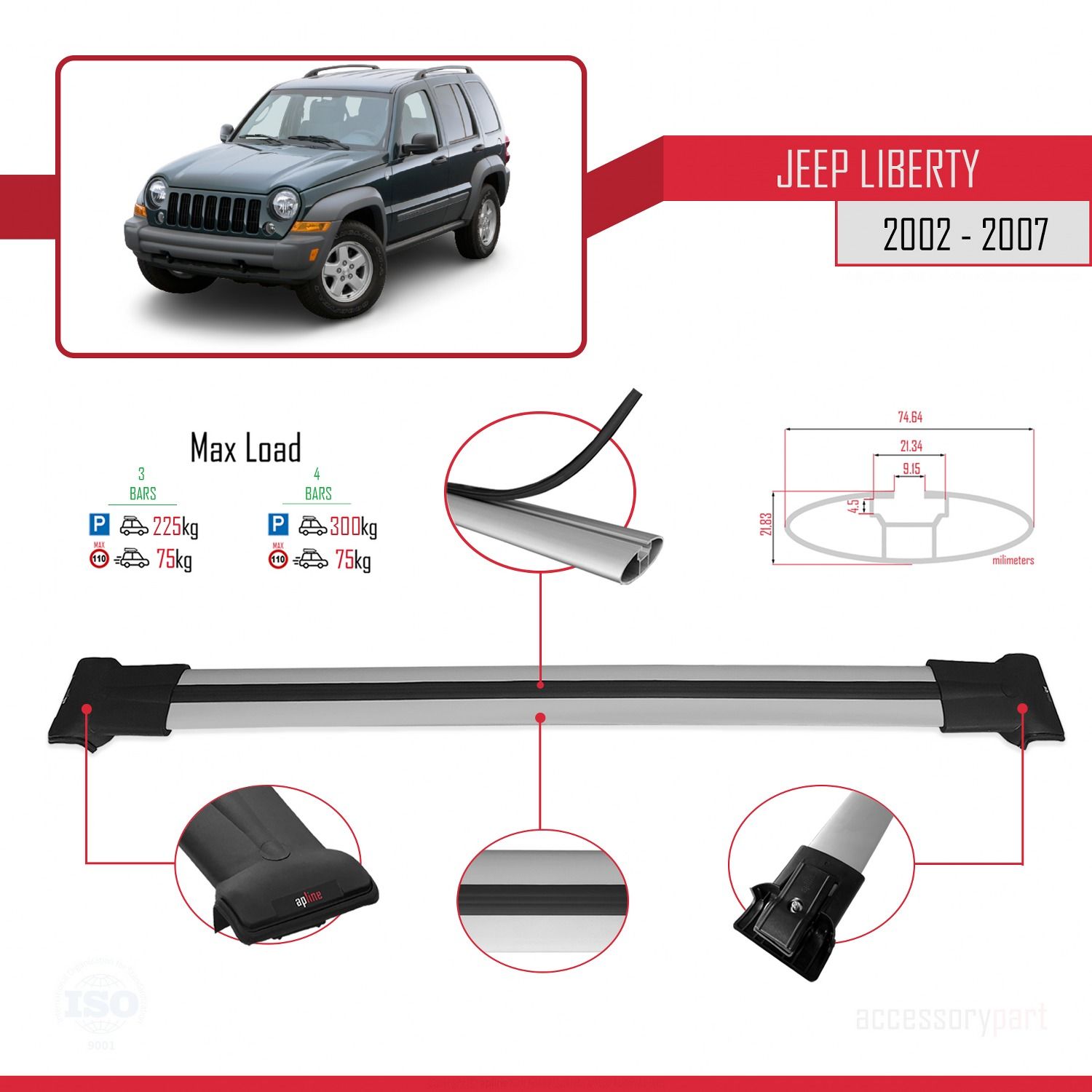 Jeep Liberty 2002-2007 Arası ile Uyumlu FLY Model Ara Atkı Tavan Barı GRİ 3 ADET BAR