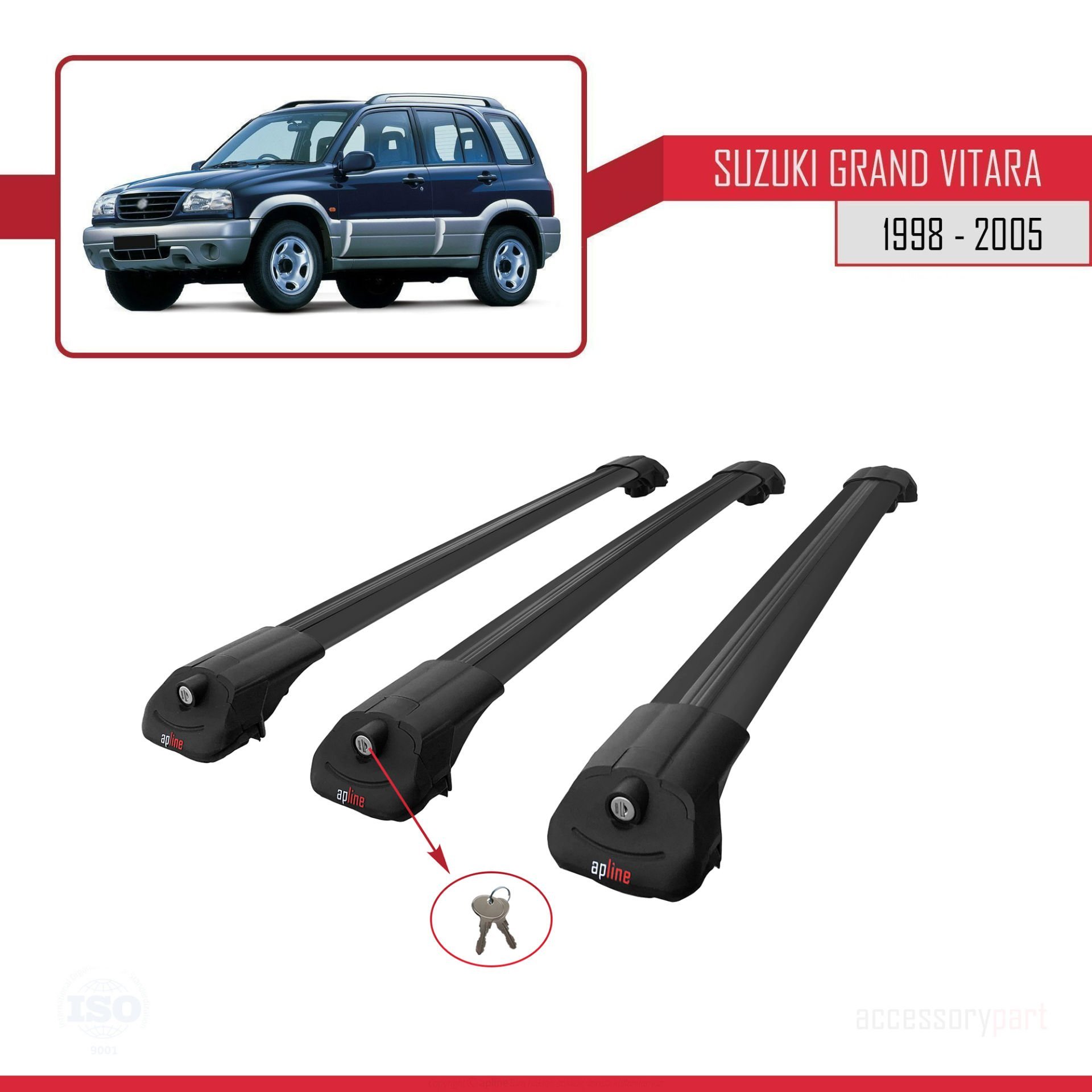 Suzuki Grand Vitara 1998-2005 Arası ile uyumlu ACE-1 Ara Atkı Tavan Barı SİYAH 3 ADET BAR