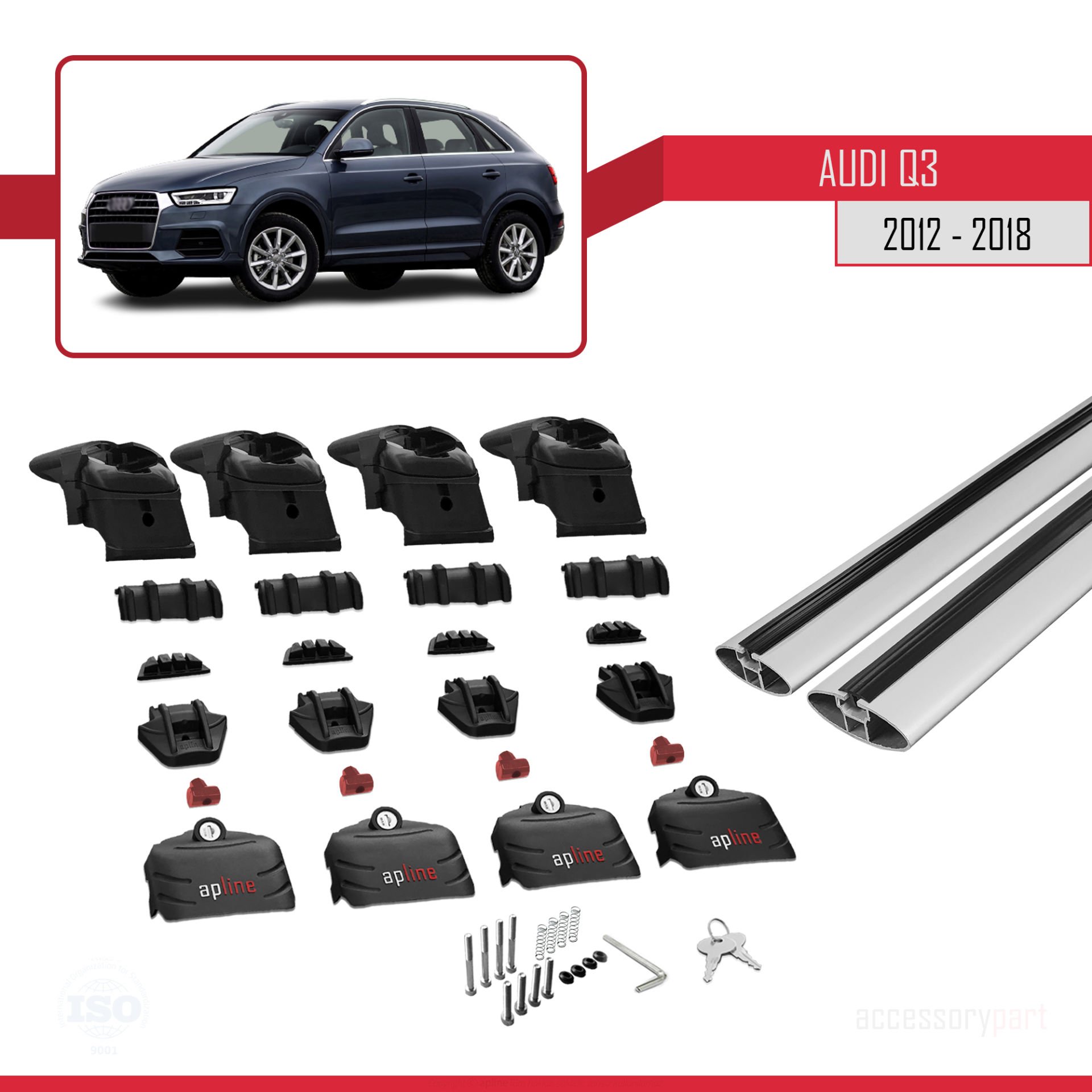 Audi Q3 (8U) 2012-2018 Arası ile uyumlu ACE-2 Ara Atkı Tavan Barı GRİ