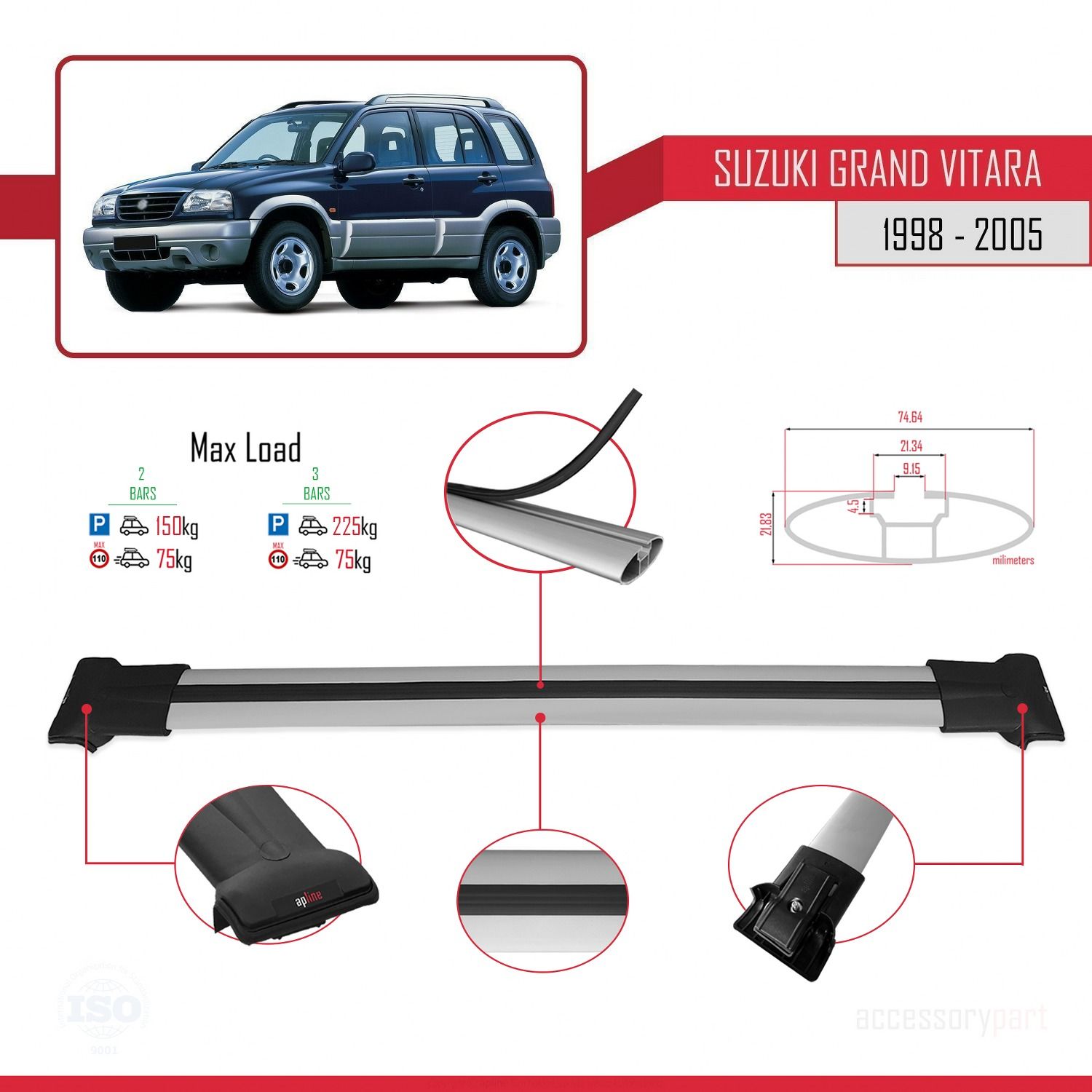 Suzuki Grand Vitara 1998-2005 Arası ile uyumlu FLY Model Ara Atkı Tavan Barı GRİ