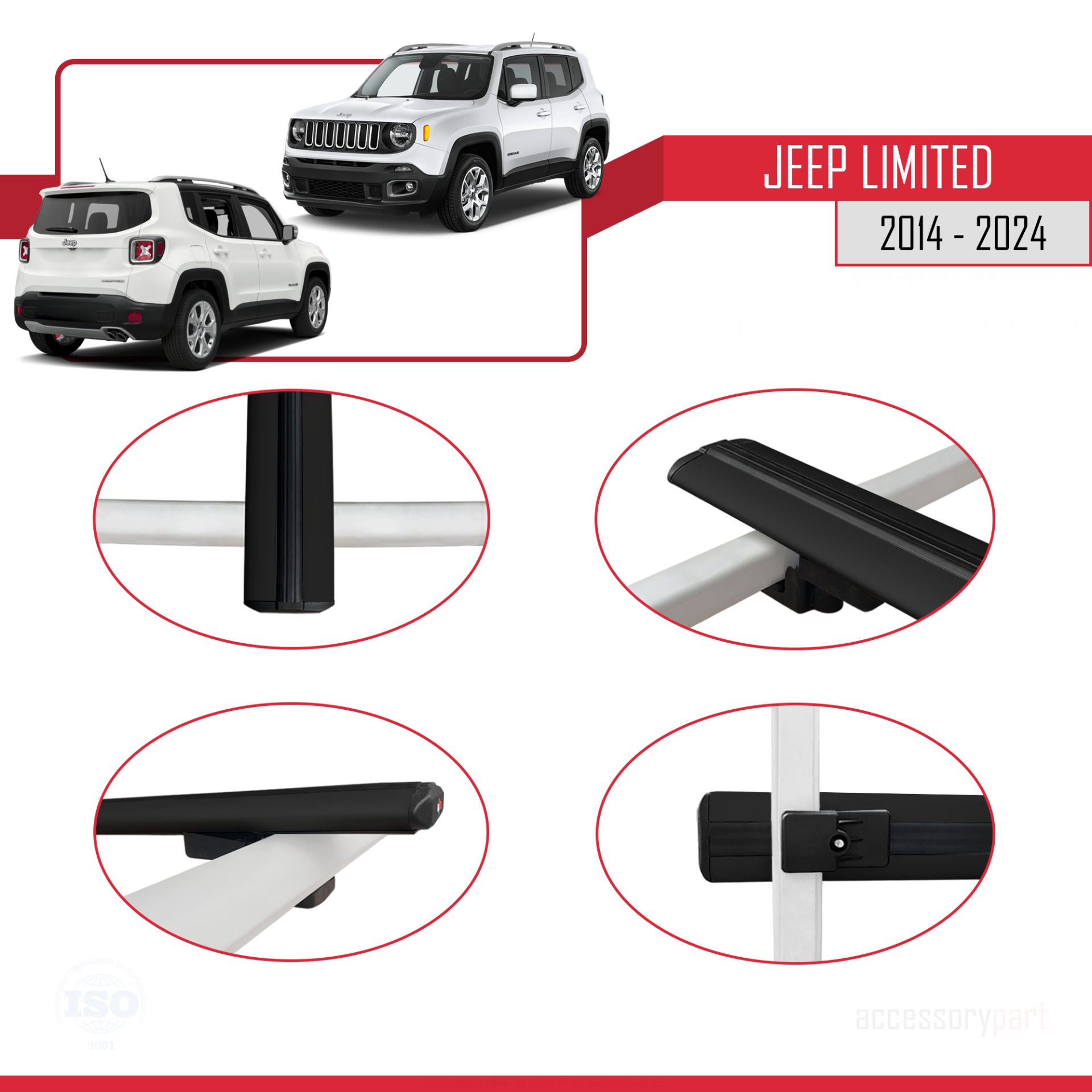 Jeep Limited 2014 ve Sonrası ile uyumlu Basic Model Ara Atkı Tavan Barı SİYAH  3 ADET