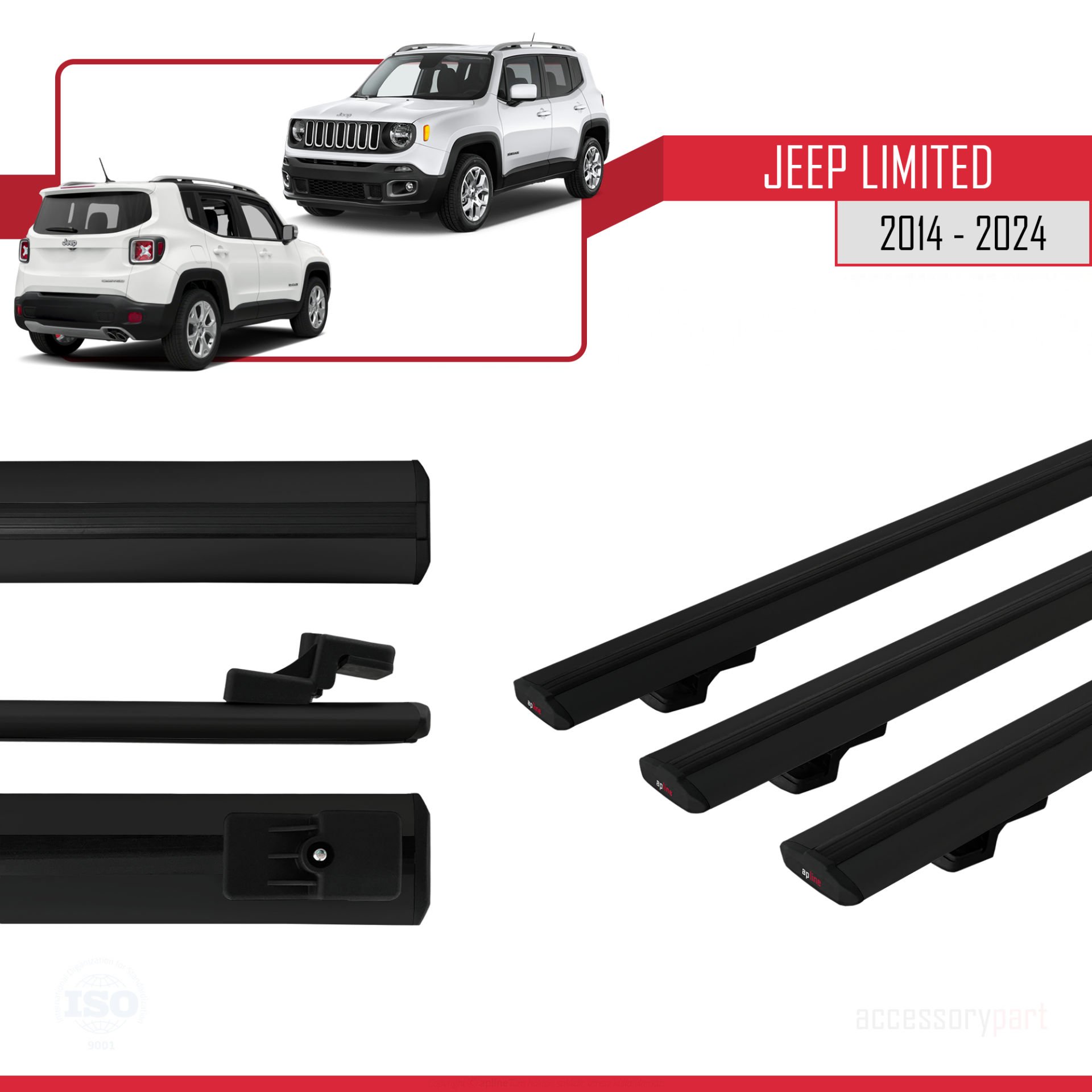 Jeep Limited 2014 ve Sonrası ile uyumlu Basic Model Ara Atkı Tavan Barı SİYAH  3 ADET