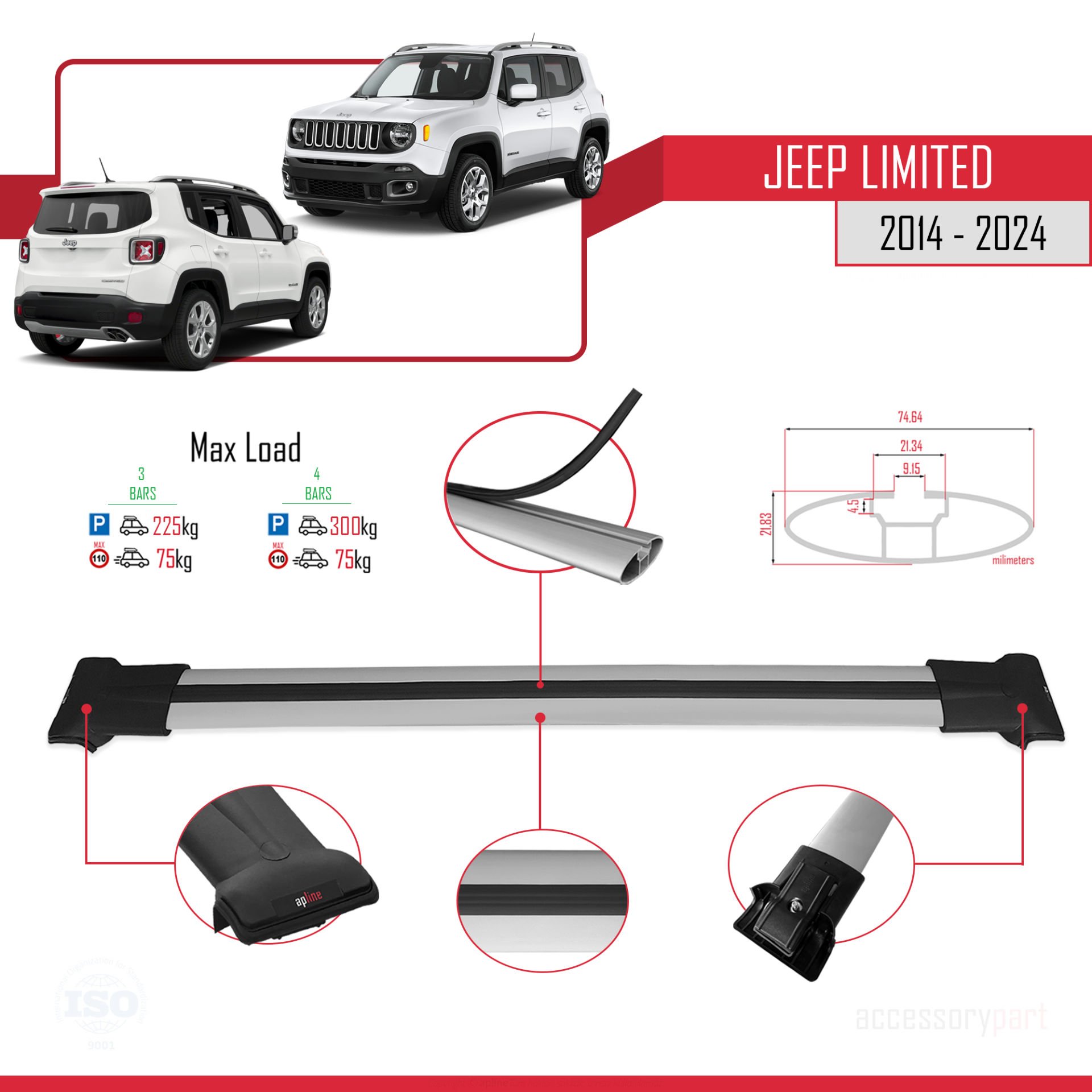Jeep Limited 2014 ve Sonrası ile uyumlu FLY Model Ara Atkı Tavan Barı GRİ  3 ADET