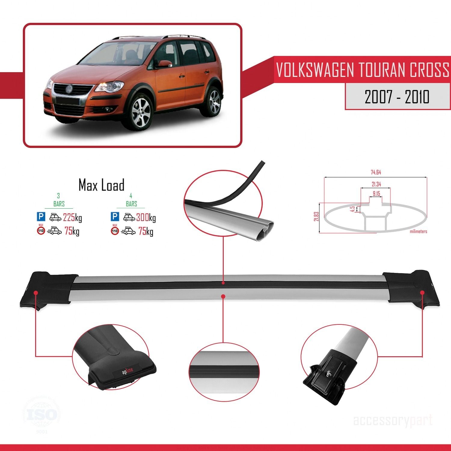 Volkswagen Touran CROSS 2007-2010 Arası ile Uyumlu FLY Model Ara Atkı Tavan Barı GRİ 3 ADET BAR