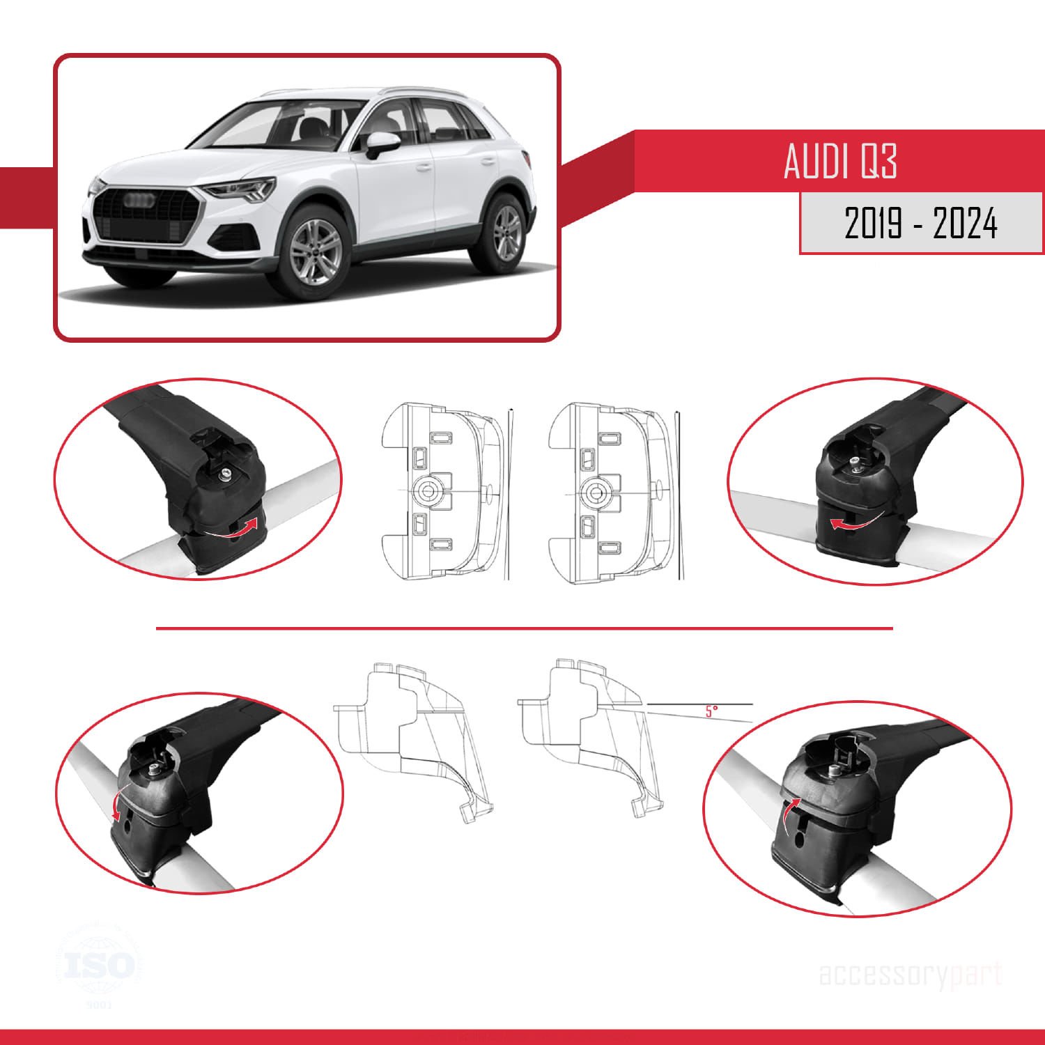 Audi Q3 (F3) 2019 ve Sonrası ile uyumlu ACE-2 Ara Atkı Tavan Barı SİYAH